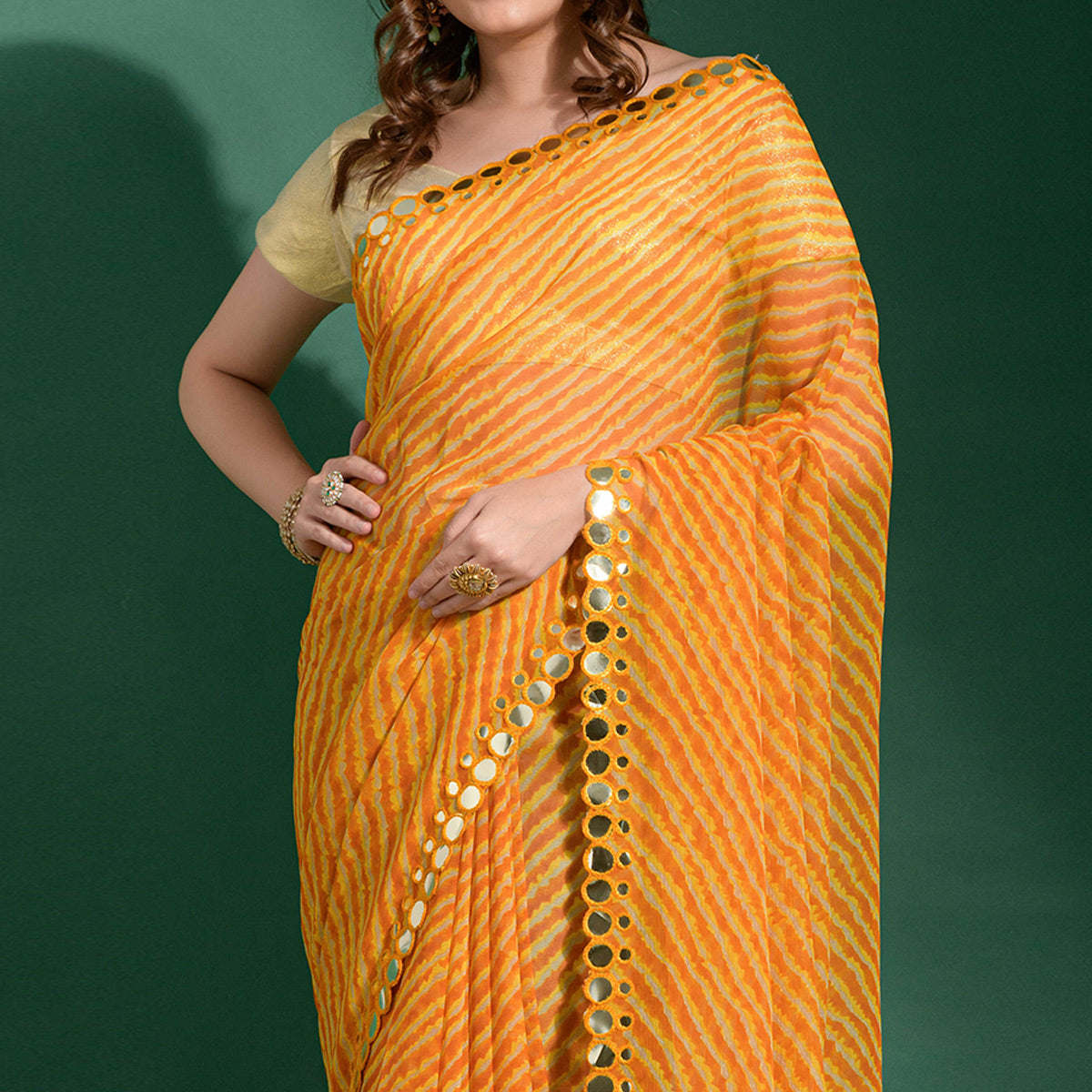 Yellow Leheriya Printed With Embroidered Border Chiffon Saree