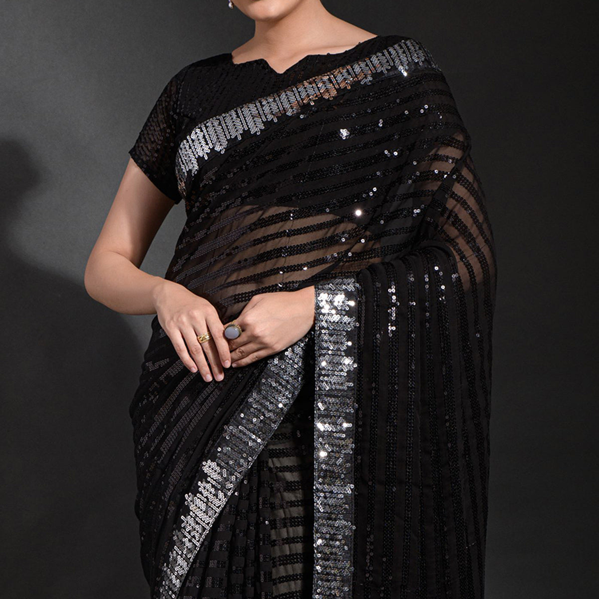 Black Sequins Embroidered Georgette Saree