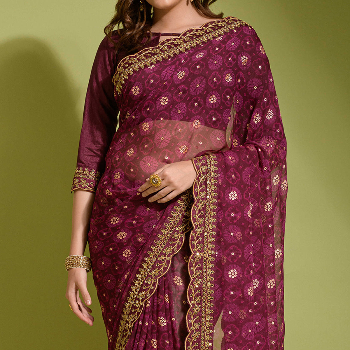 Wine Bandhani Foil Printed Georgette Saree With Embroidered Border