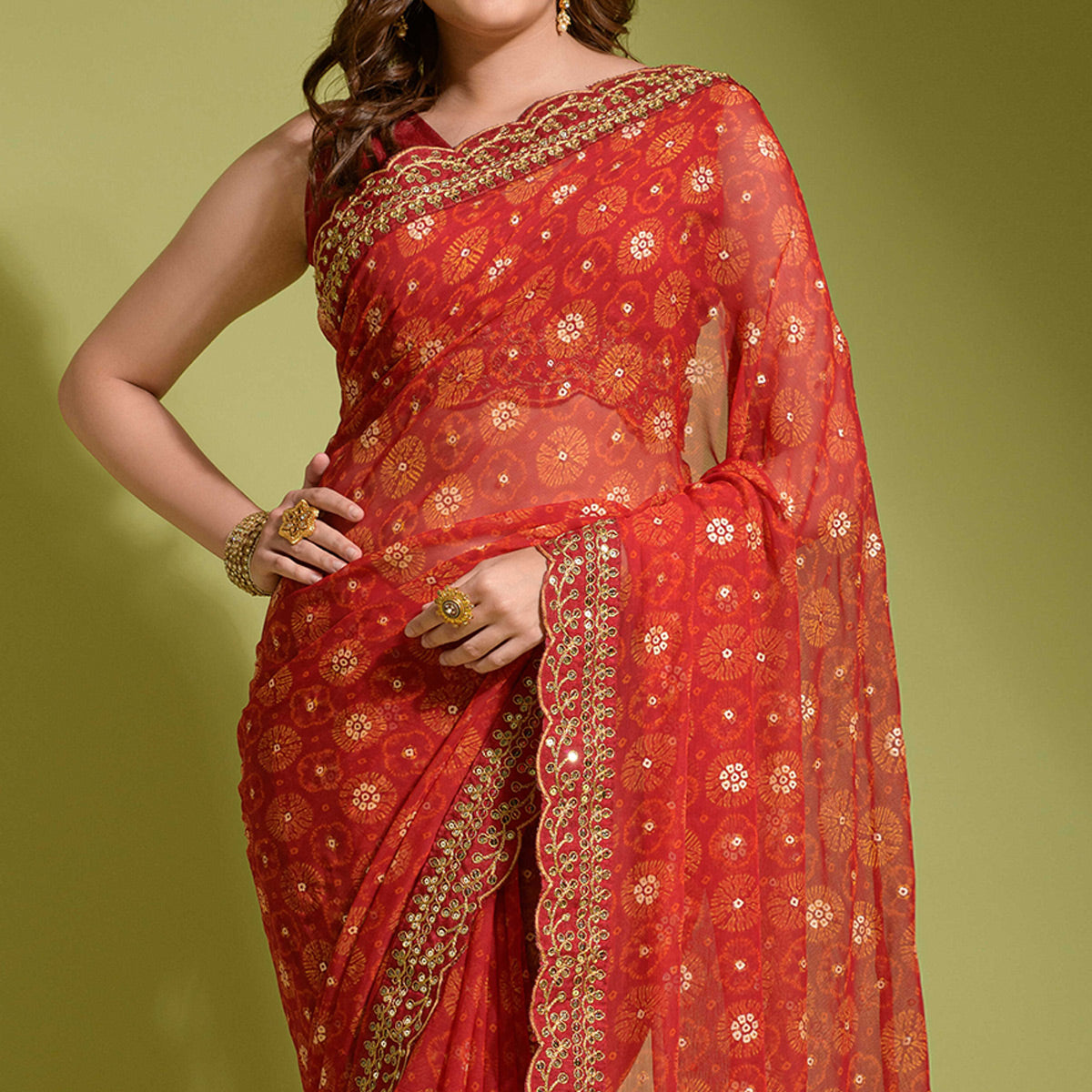 Red Bandhani Foil Printed Georgette Saree With Embroidered Border