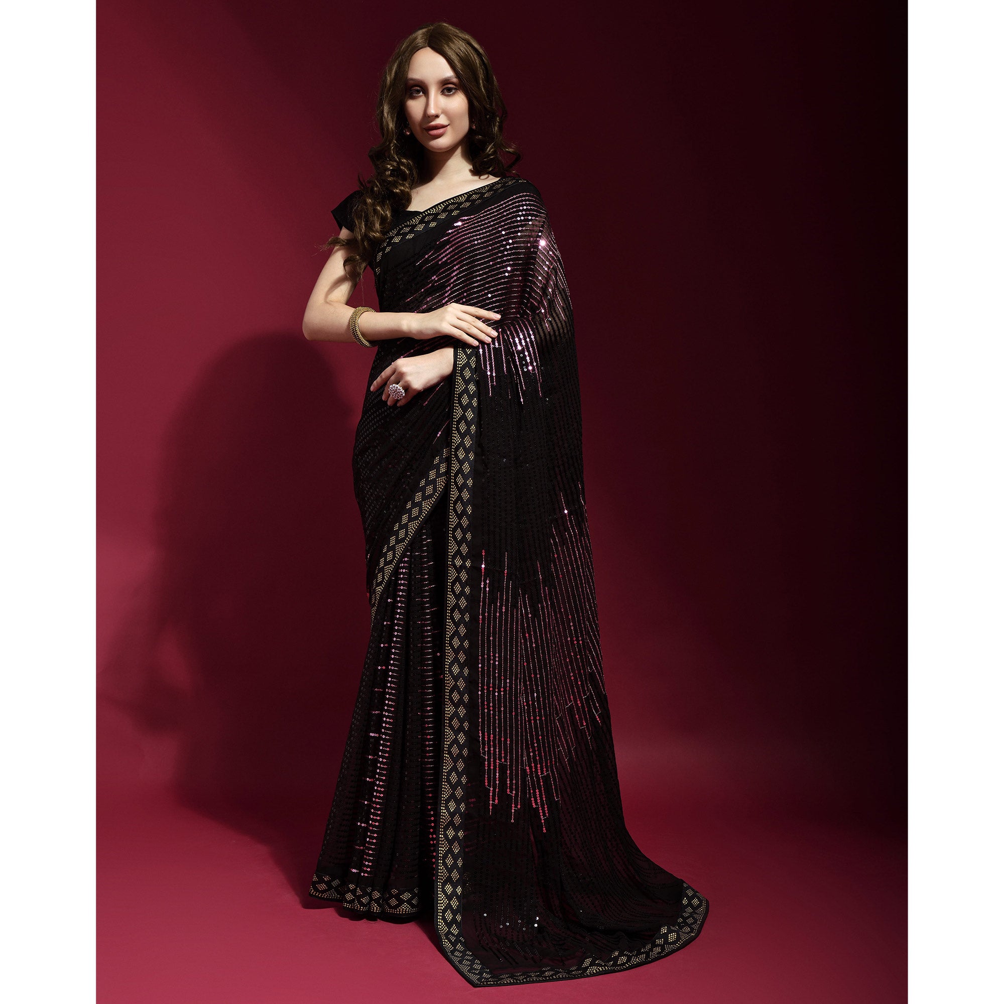 Black & Pink Sequins Embroidered Georgette Saree