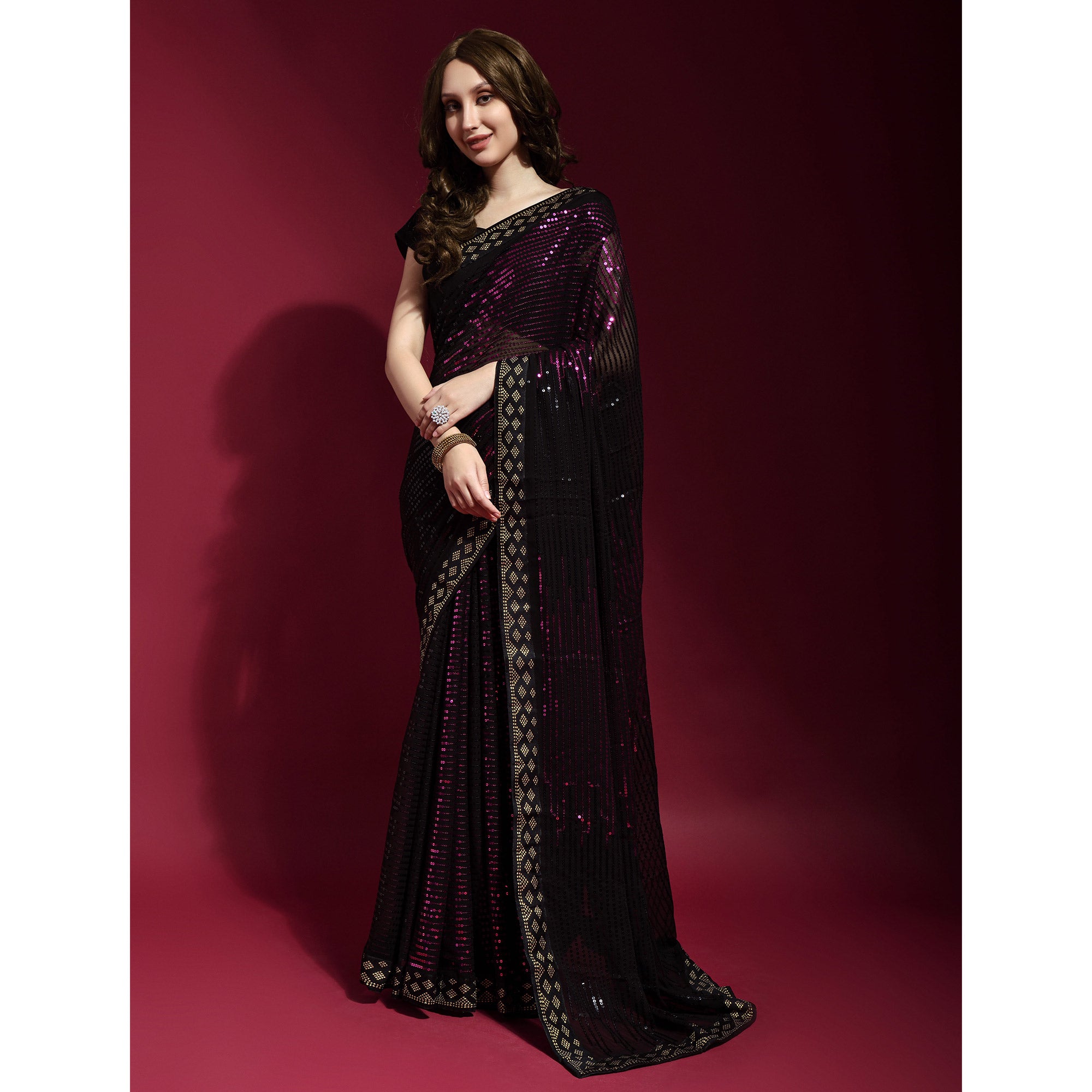 Black & Wine Sequins Embroidered Georgette Saree