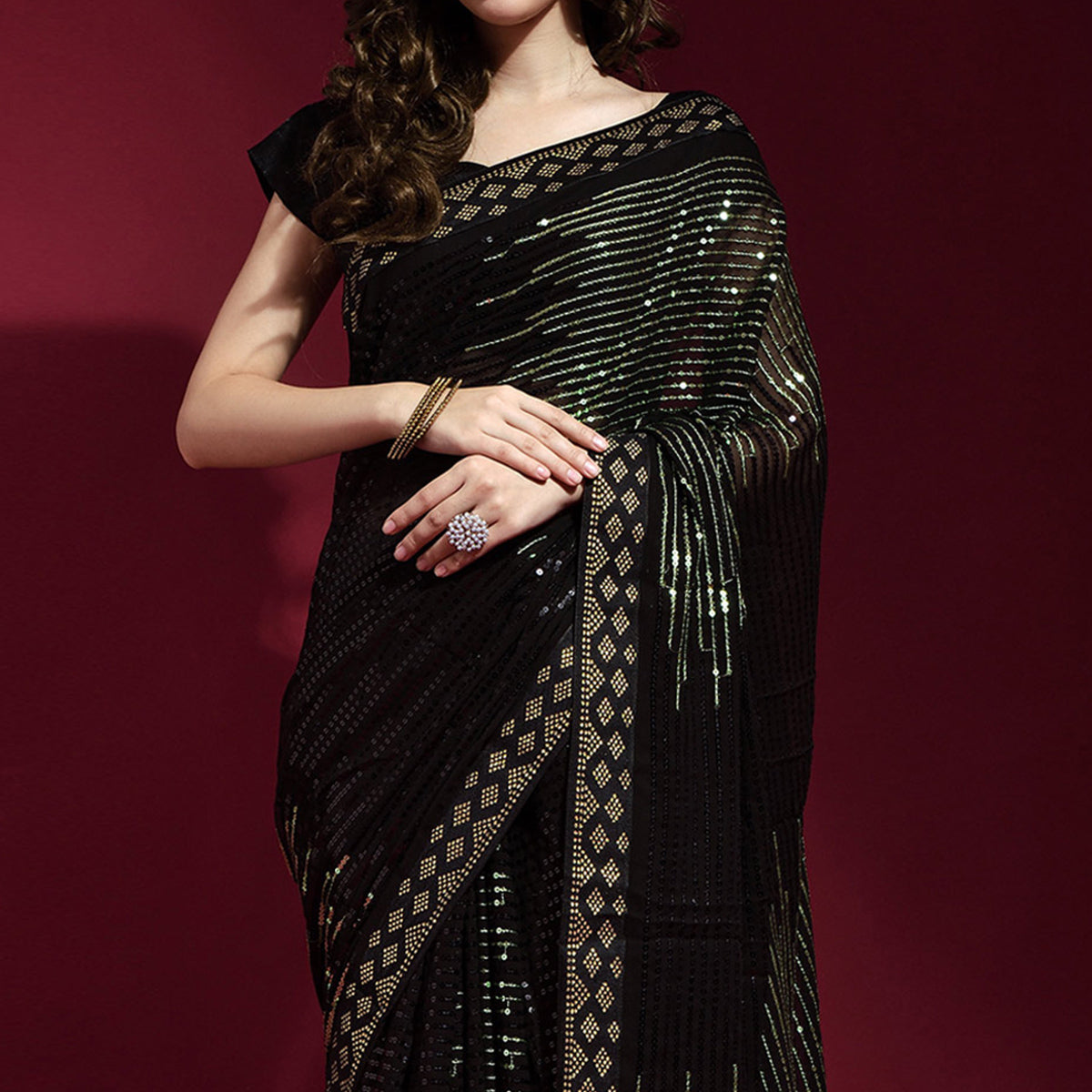Black & Green Sequins Embroidered Georgette Saree