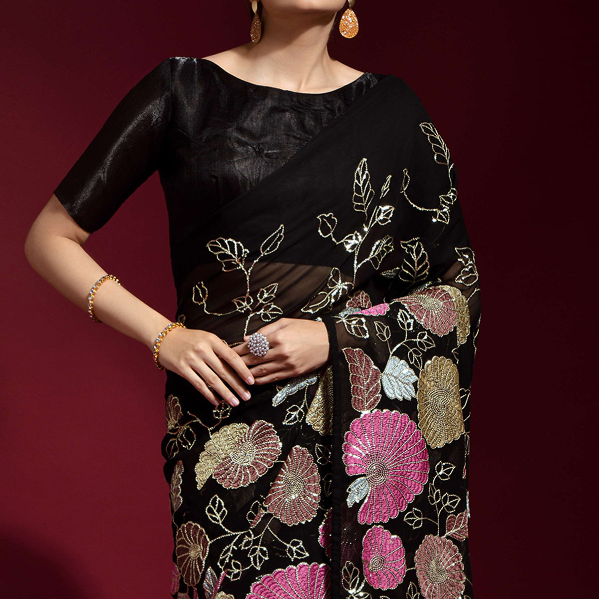 Black Floral Sequins Embroidered Georgette Saree