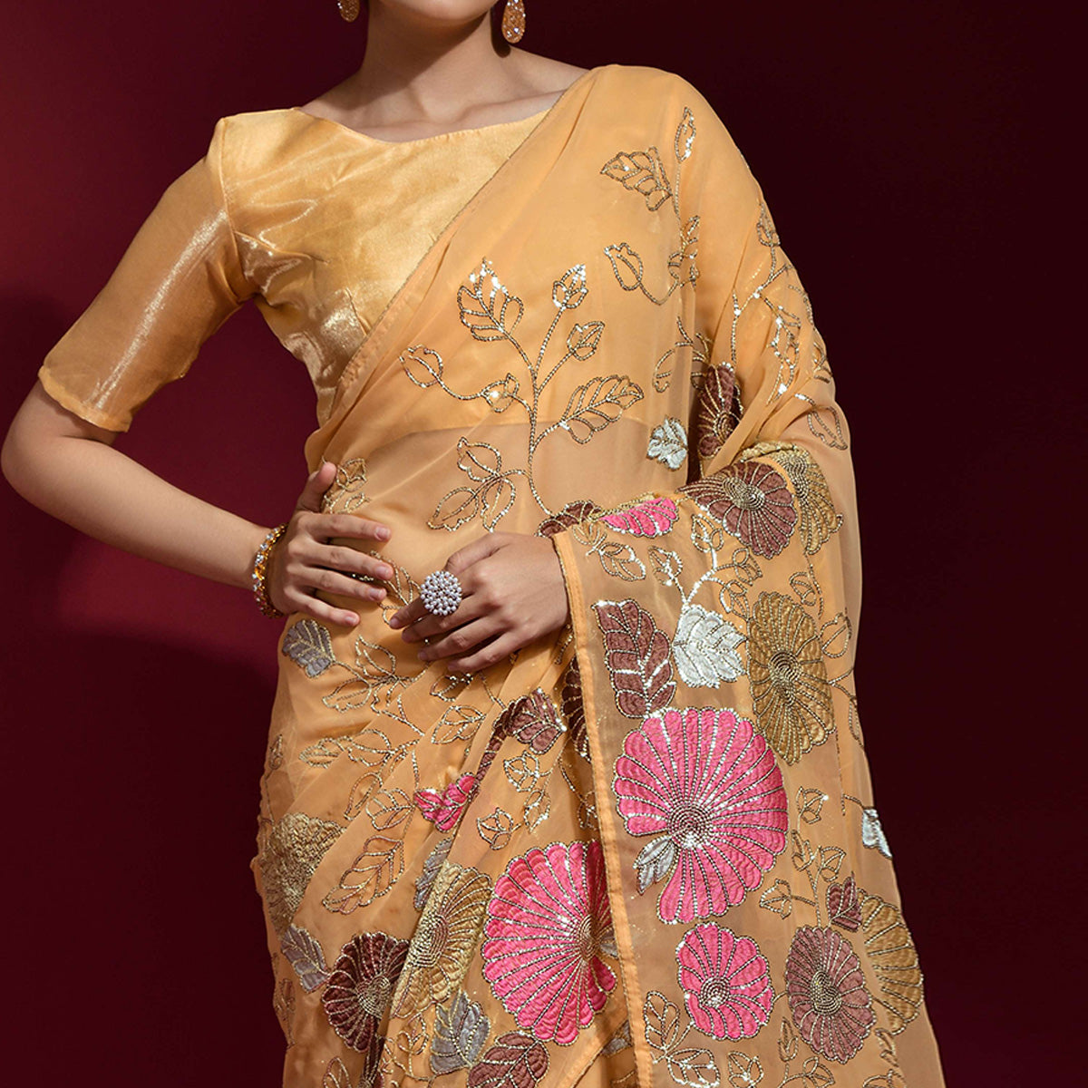 Orange Floral Sequins Embroidered Georgette Saree