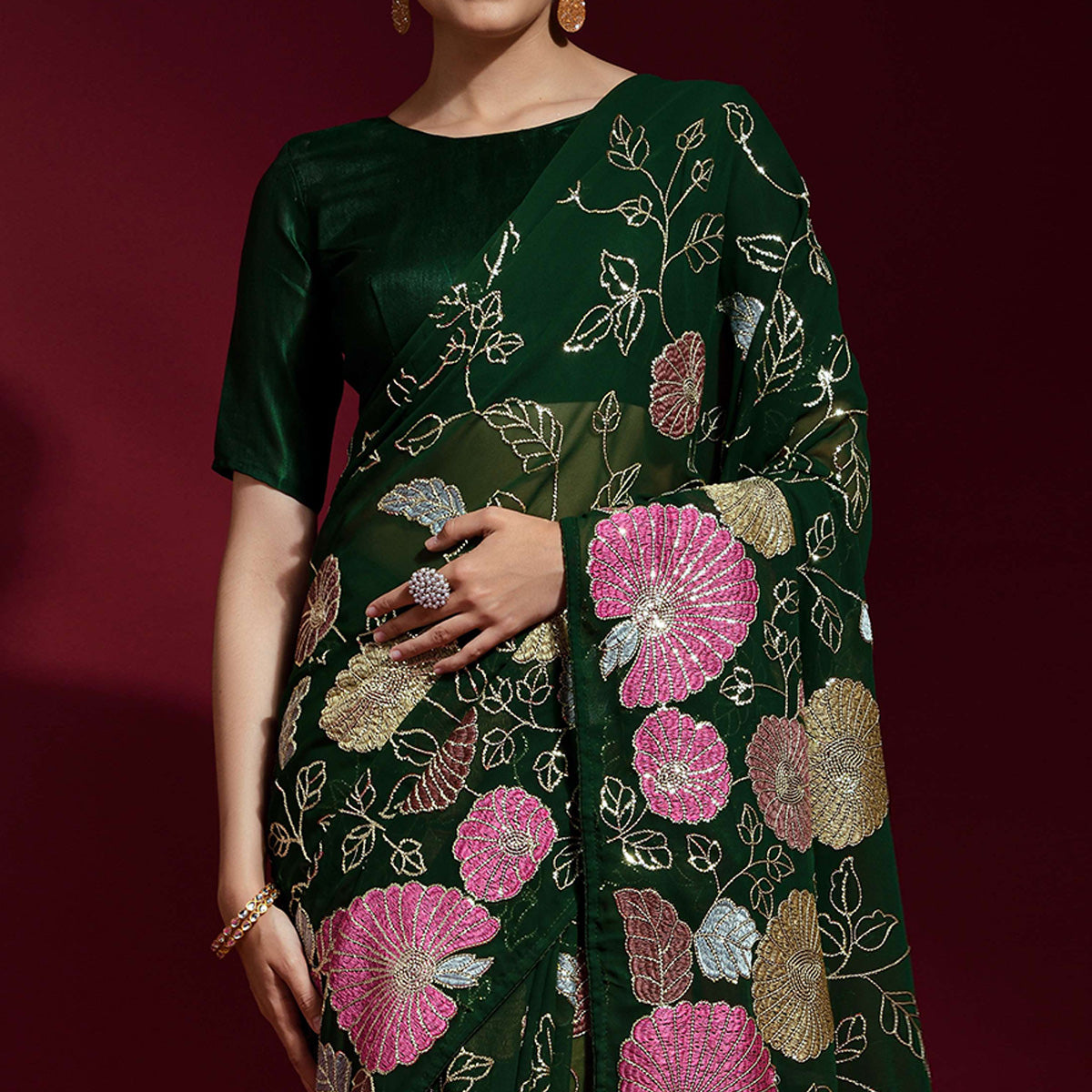 Green Floral Sequins Embroidered Georgette Saree