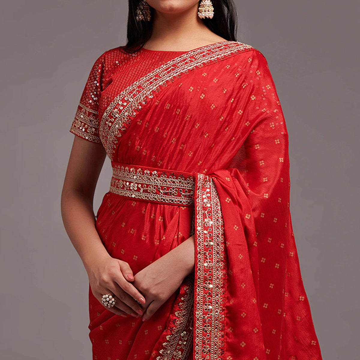 Red Sequins Embroidered Border Chinon Saree