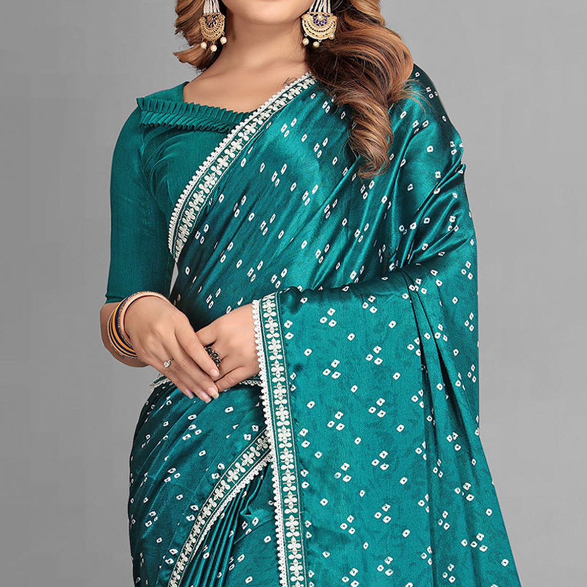 Rama Blue Bandhani Printed Satin Saree