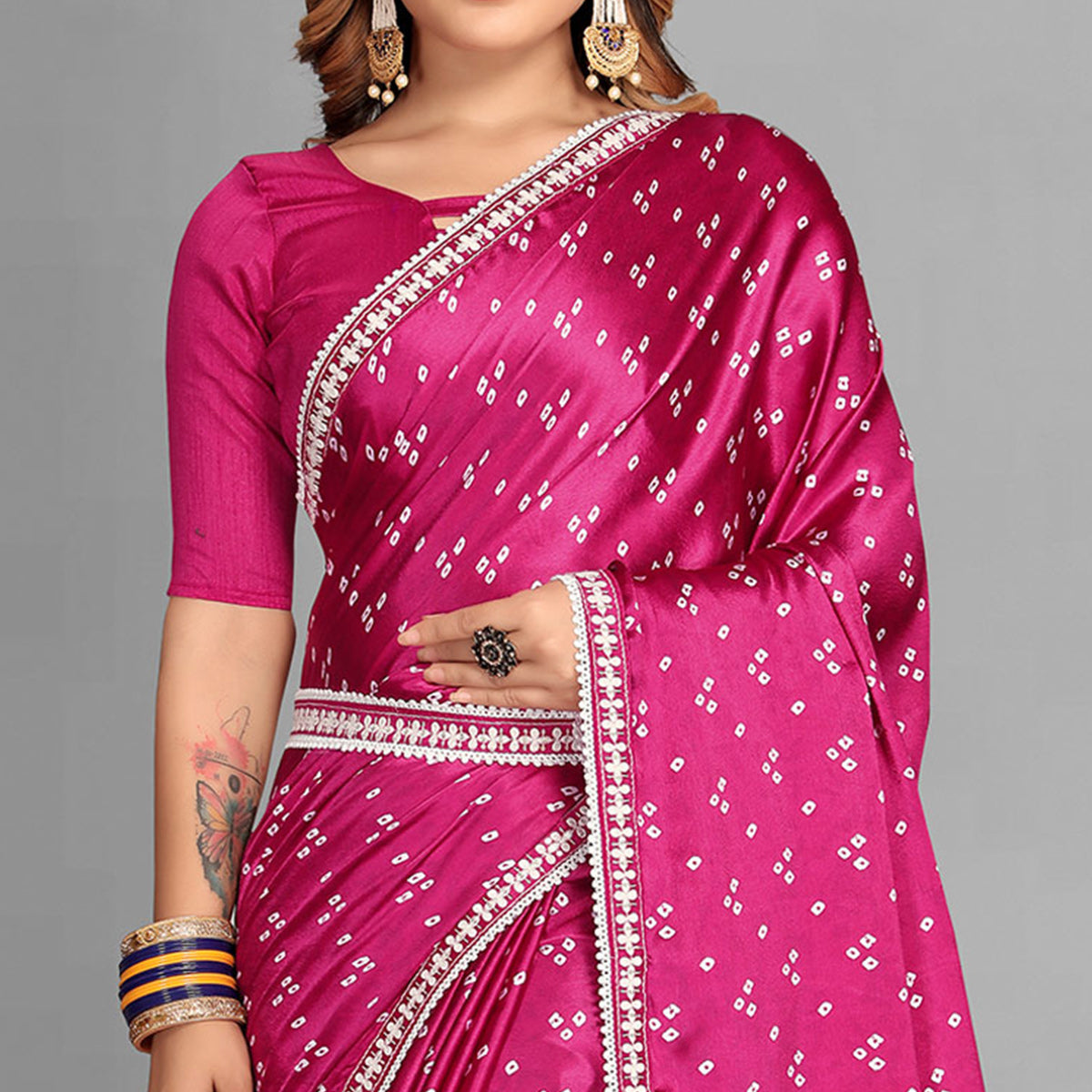 Pink Bandhani Printed Satin Saree