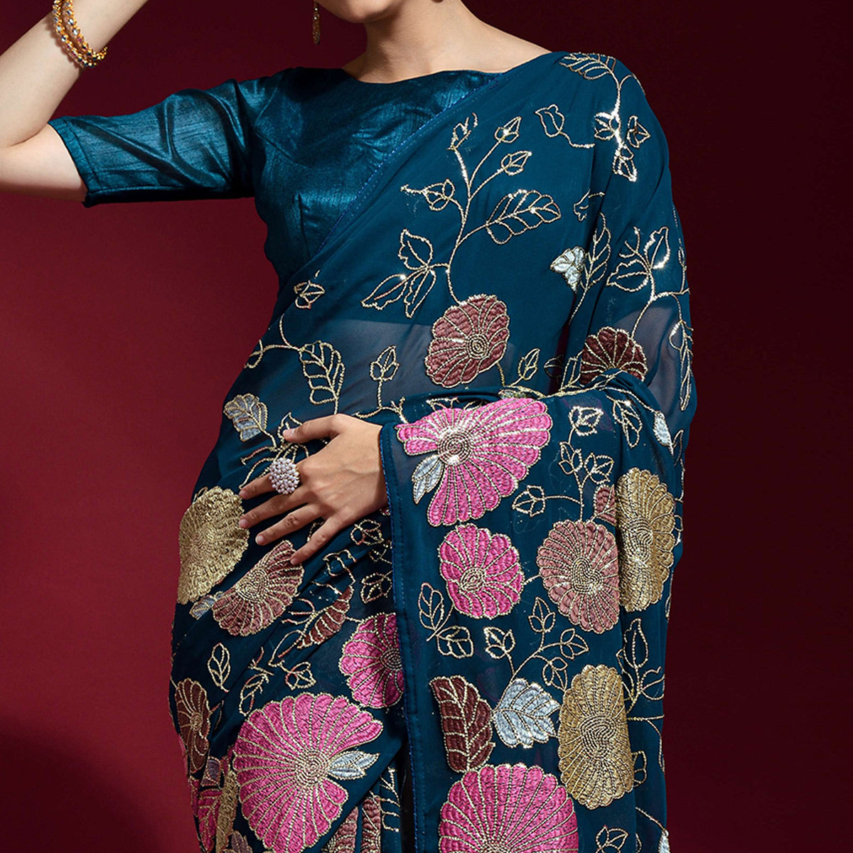 Blue Floral Sequins Embroidered Georgette Saree