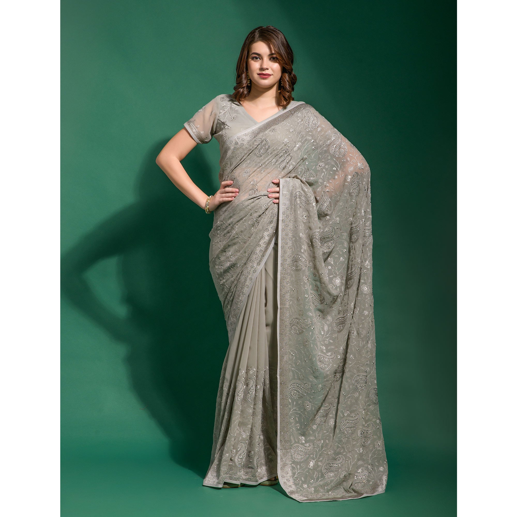 Grey Floral Embroidered Georgette Saree