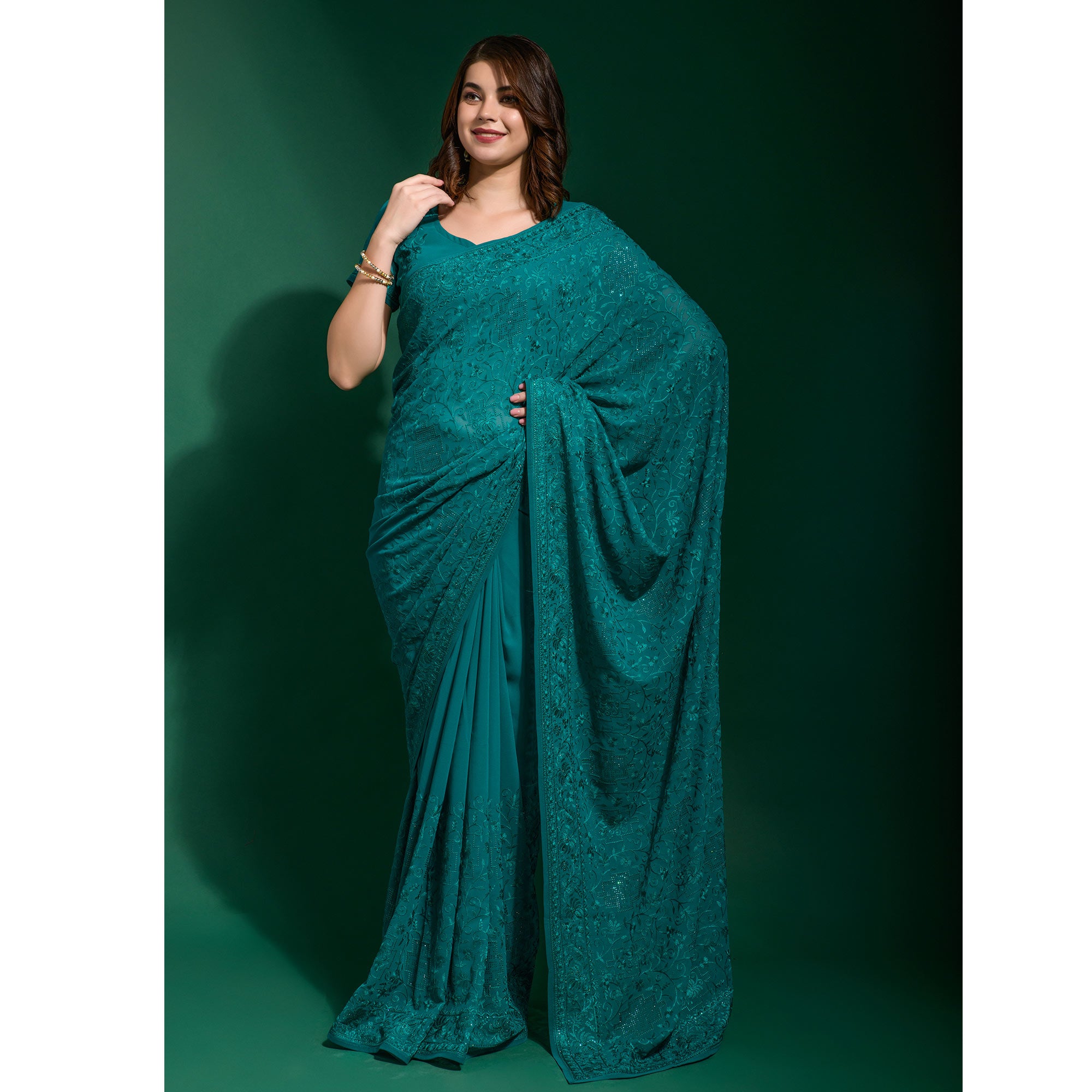 Teal Blue Floral Embroidered Georgette Saree