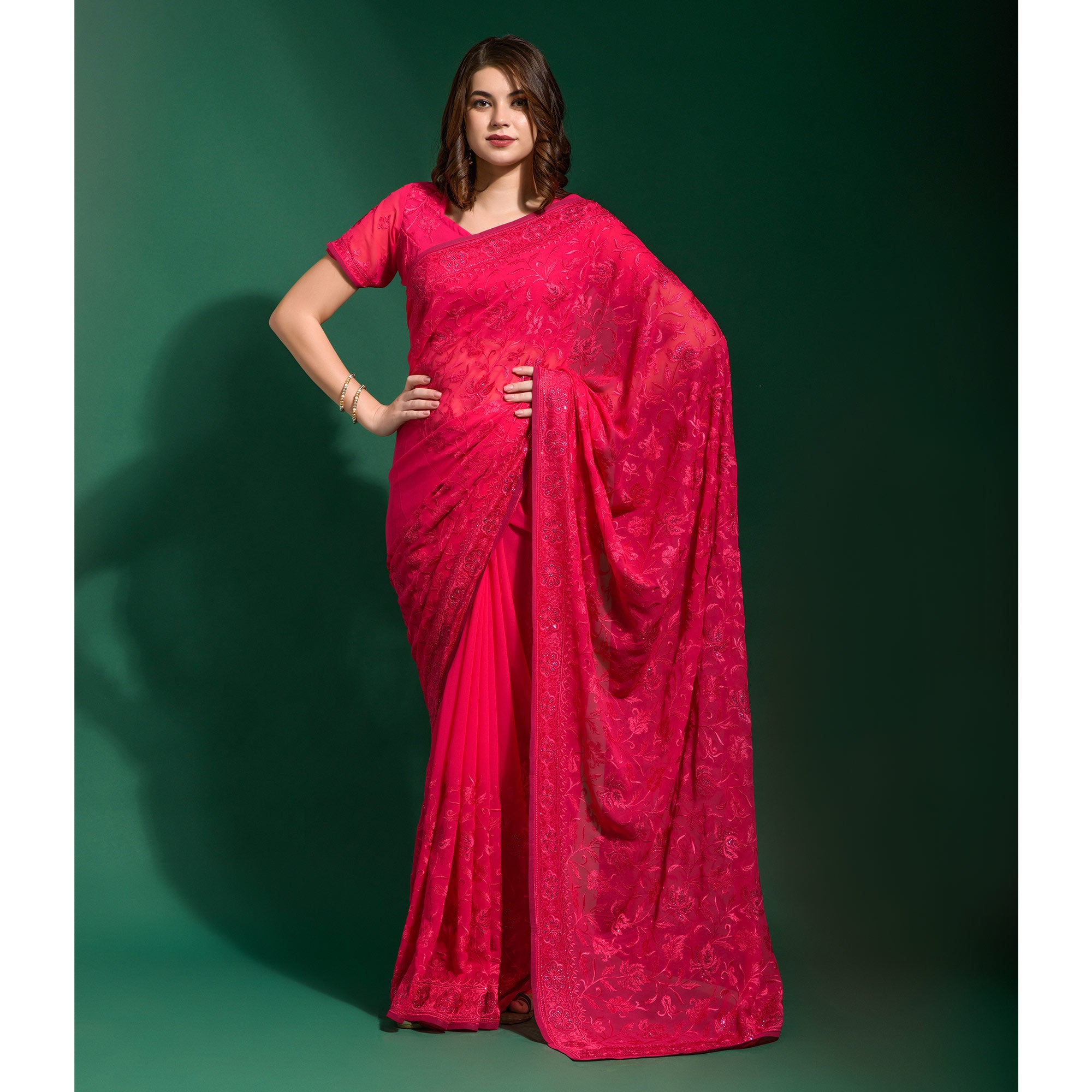 Pink Floral Embroidered Georgette Saree