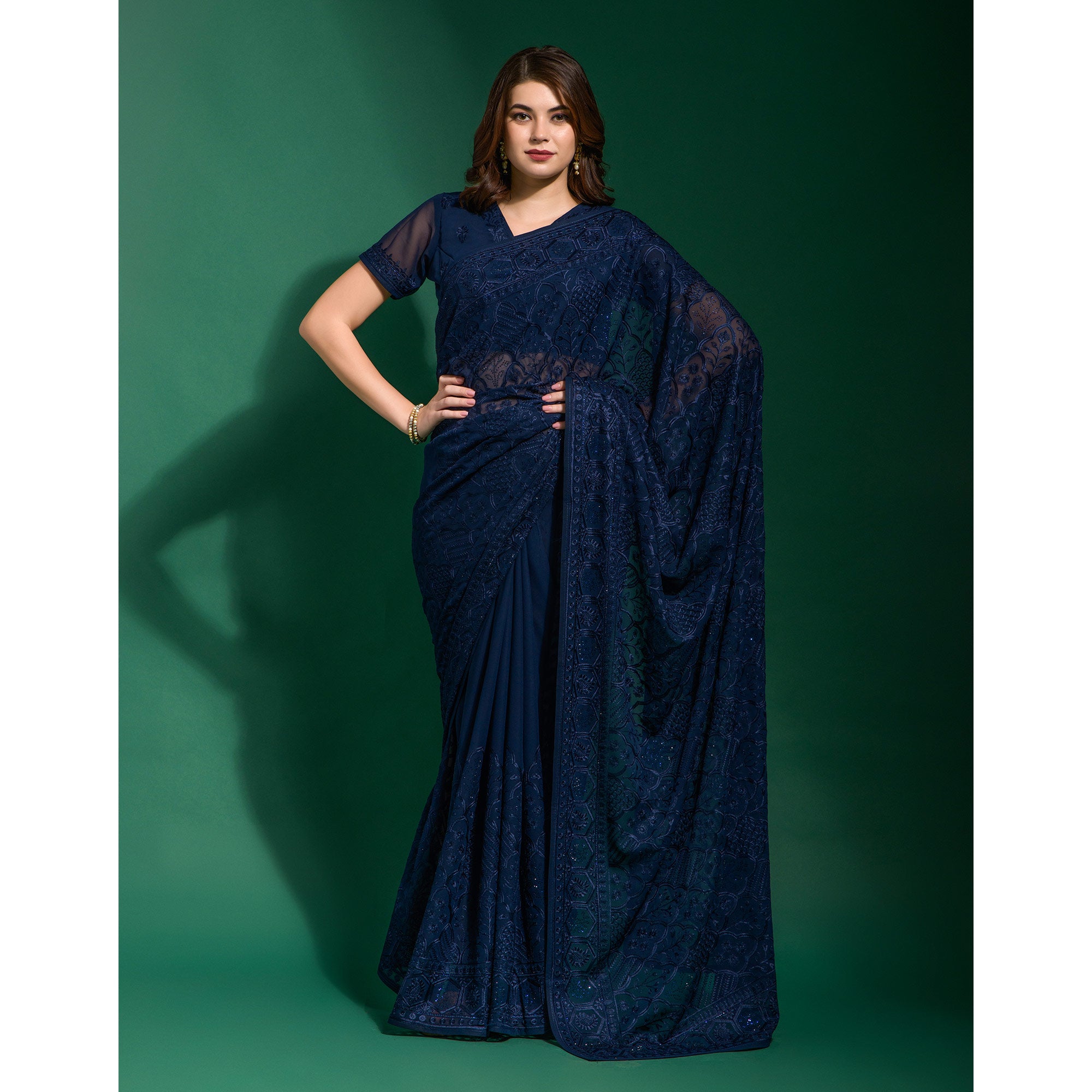 Navy Blue Floral Embroidered Georgette Saree