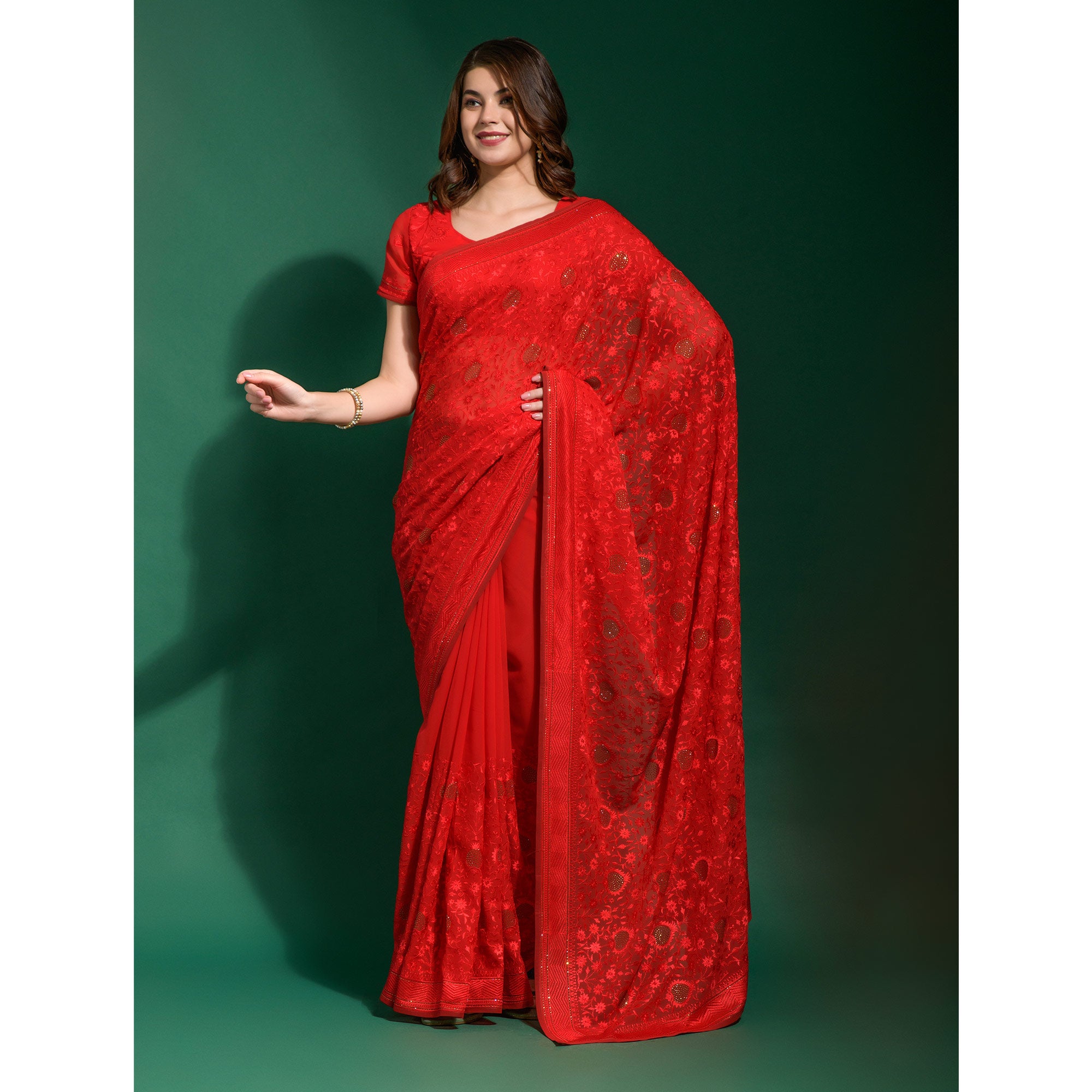 Red Floral Embroidered Georgette Saree