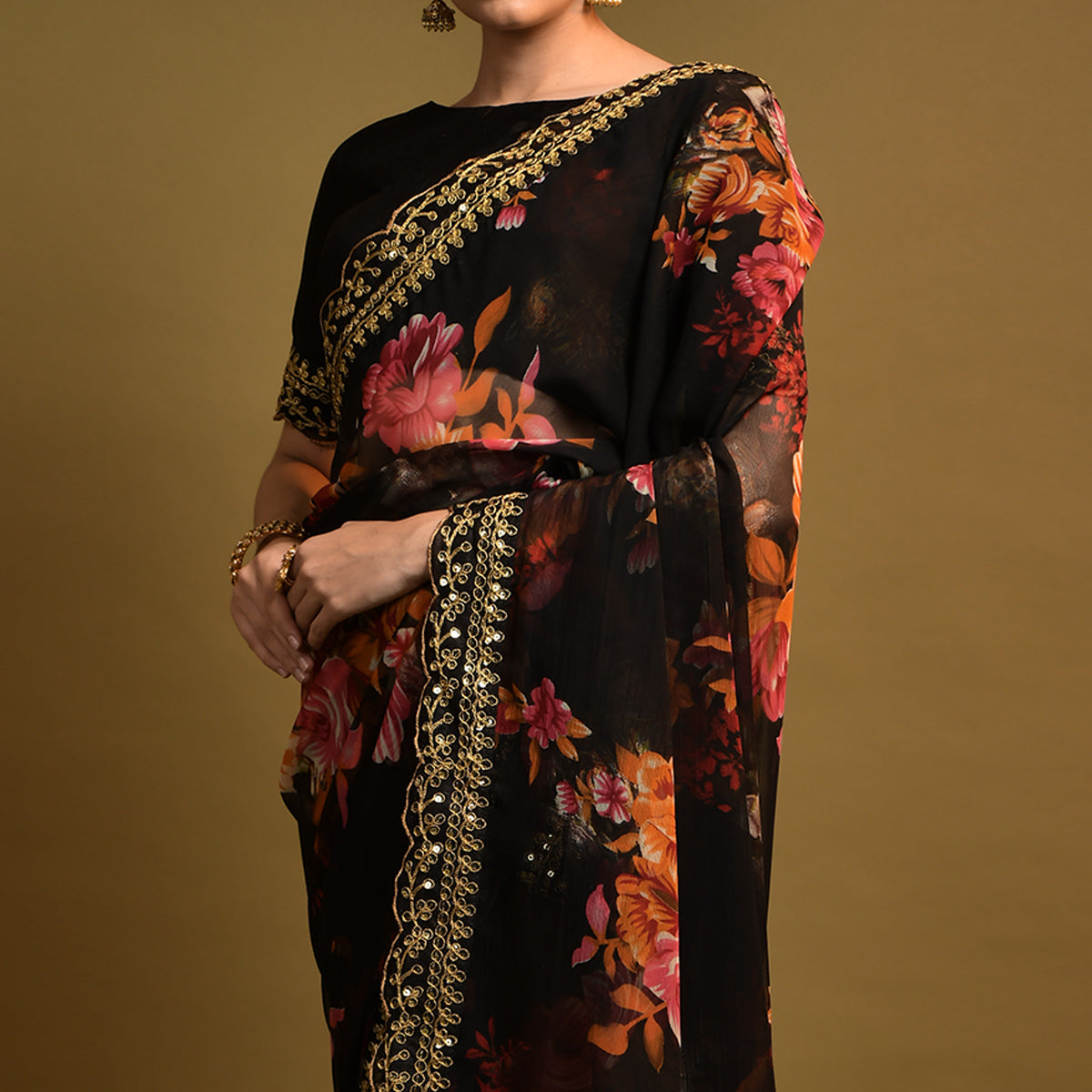 Black Floral Printed Georgette Saree With Embroidered Border