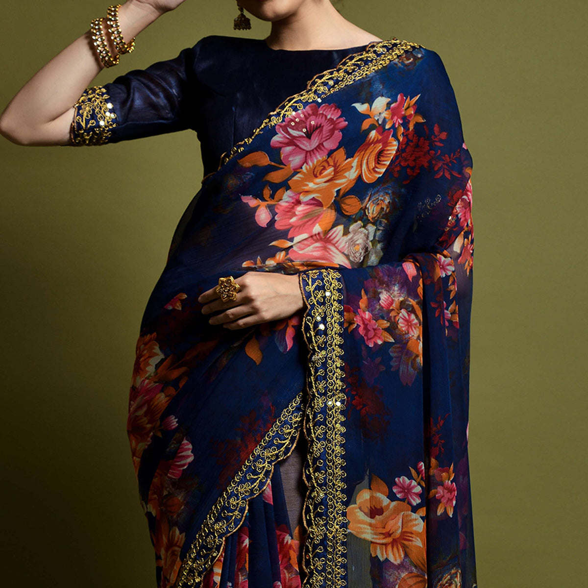 Blue Floral Printed Georgette Saree With Embroidered Border