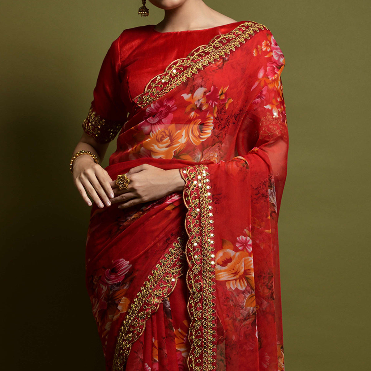 Red Floral Printed Georgette Saree With Embroidered Border