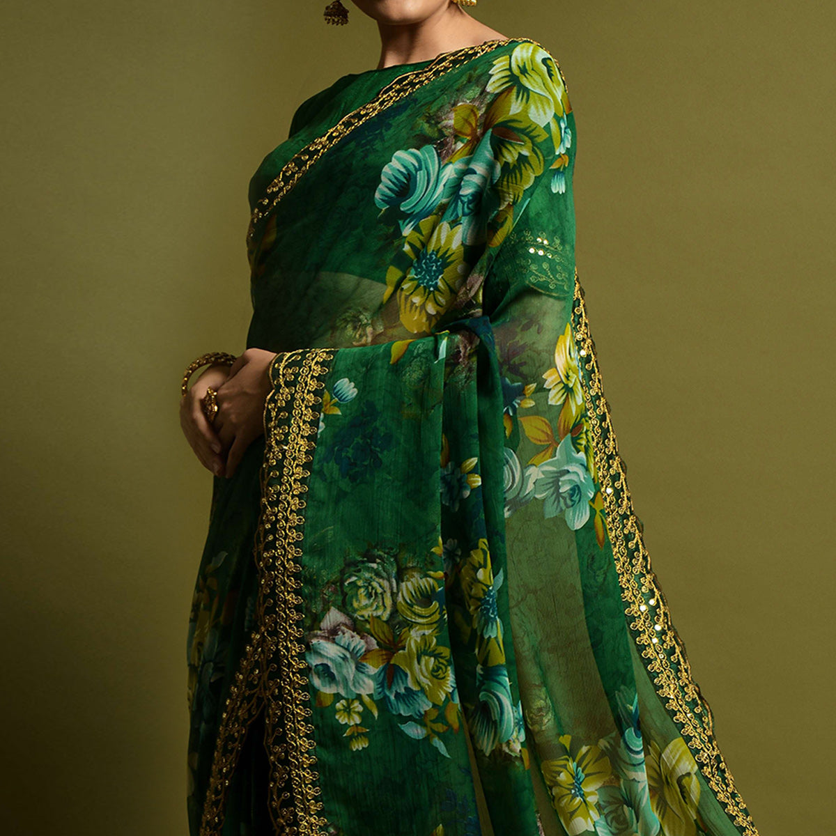 Green Floral Printed Georgette Saree With Embroidered Border