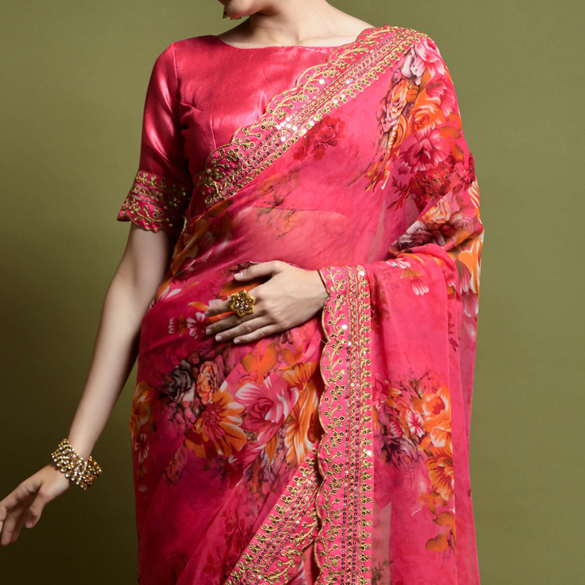 Pink Floral Printed Georgette Saree With Embroidered Border