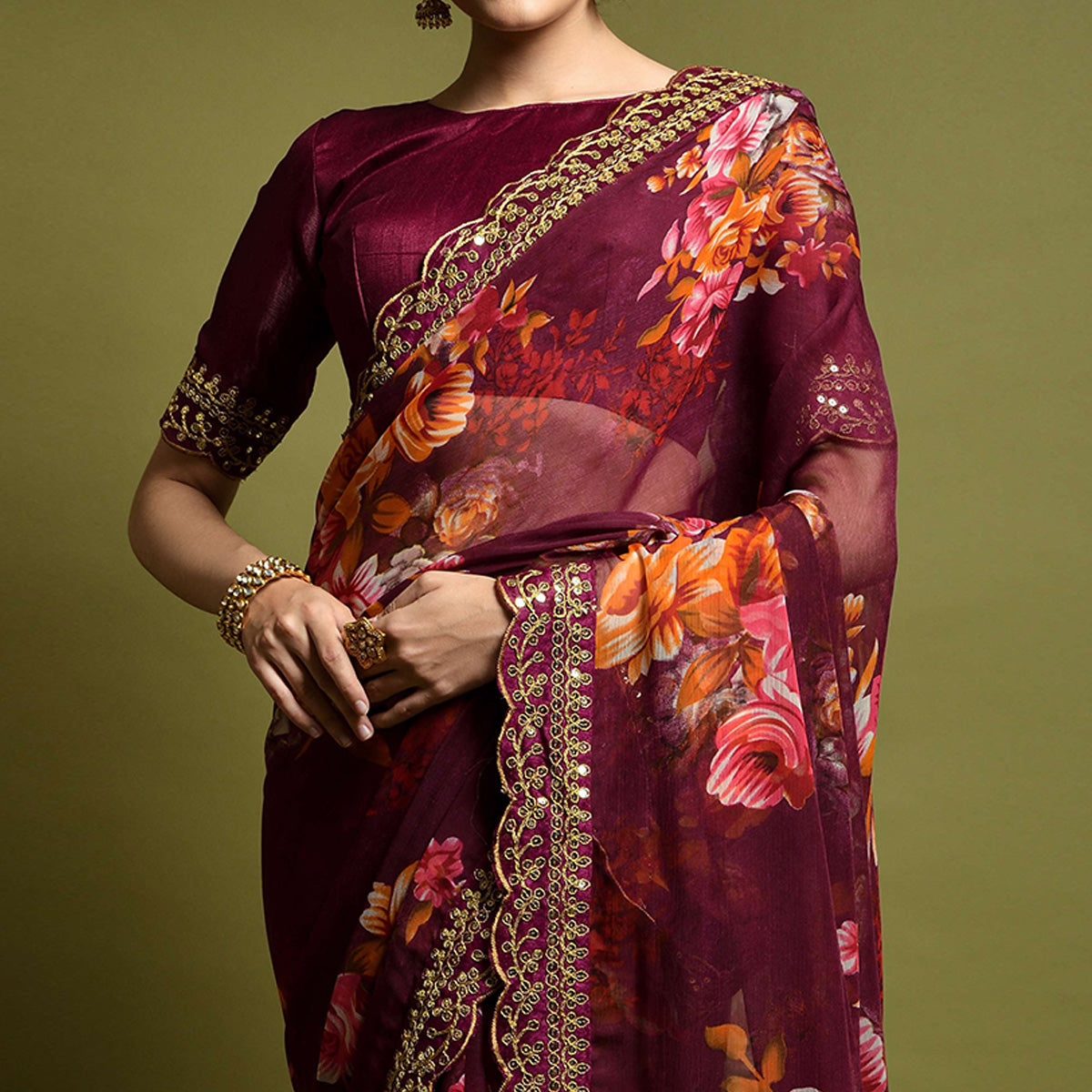 Wine Floral Printed Georgette Saree With Embroidered Border
