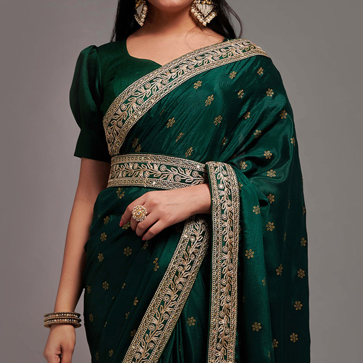 Green Foil Printed With Embroidered Border Chinon Saree