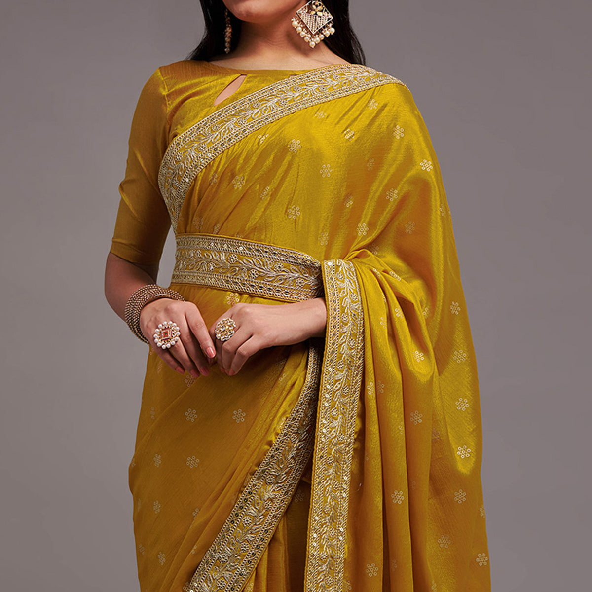 Mustard Foil Printed With Embroidered Border Chinon Saree