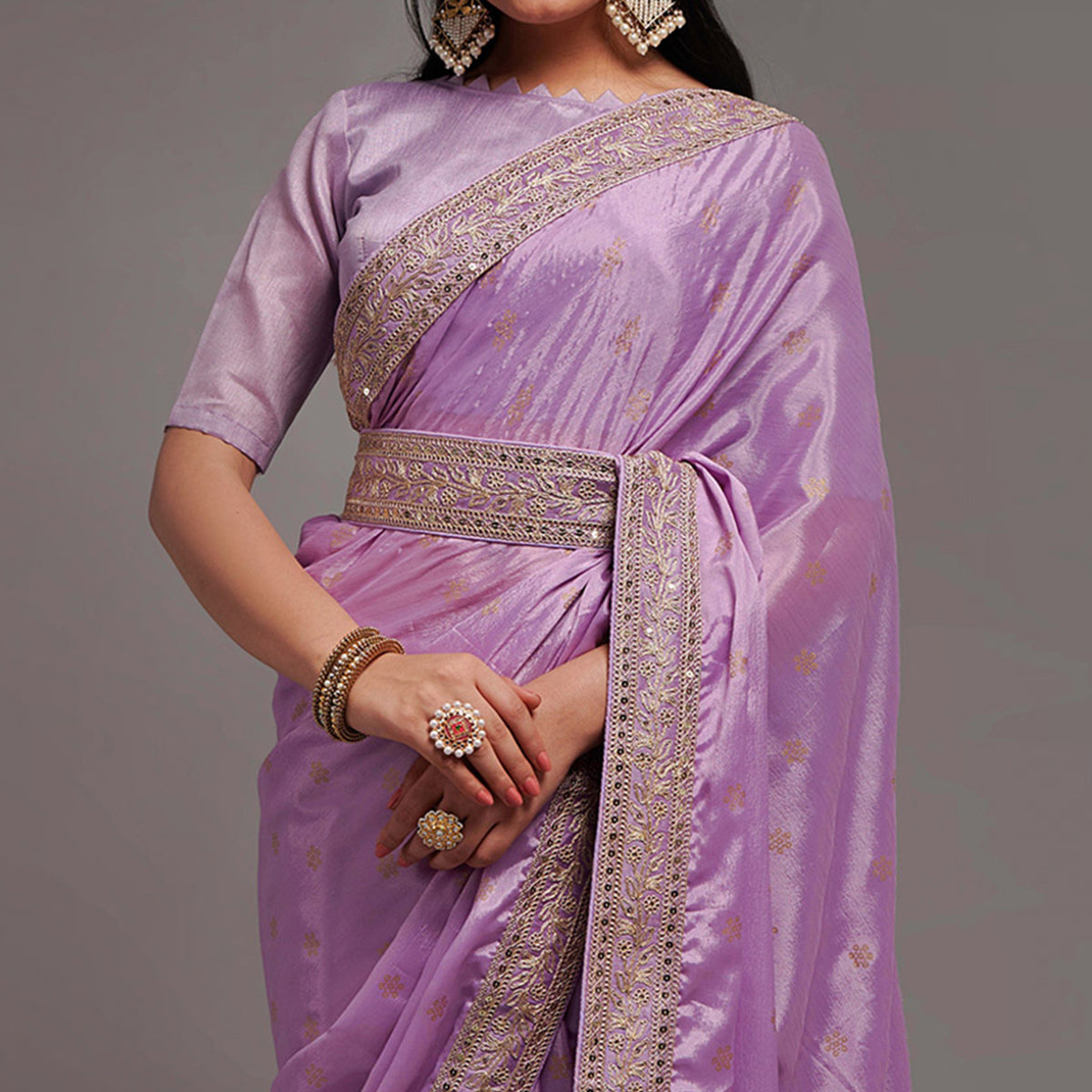 Light Purple Foil Printed With Embroidered Border Chinon Saree