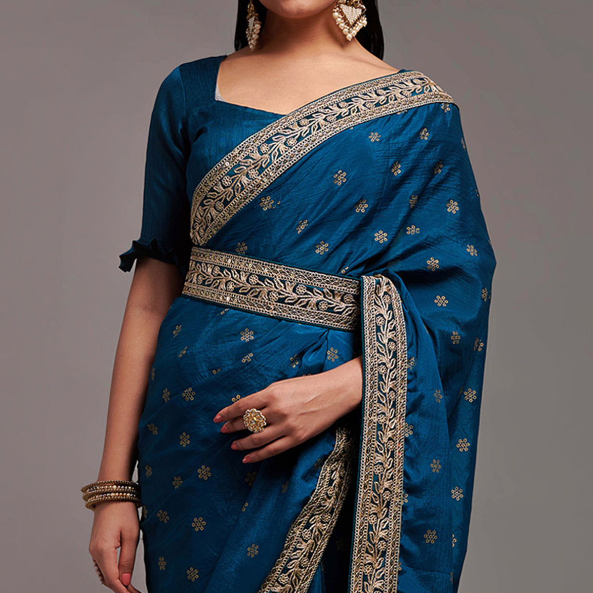 Blue Foil Printed With Embroidered Border Chinon Saree