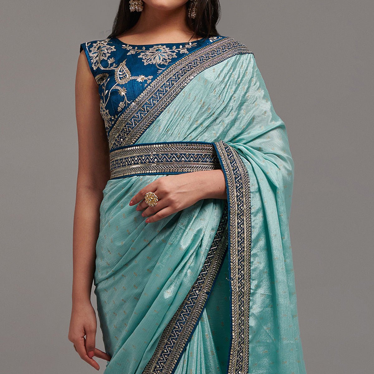 Turquoise Foil Printed With Embroidered Border Chinon Saree