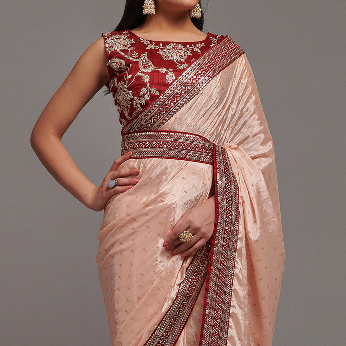 Peach Foil Printed With Embroidered Border Chinon Saree