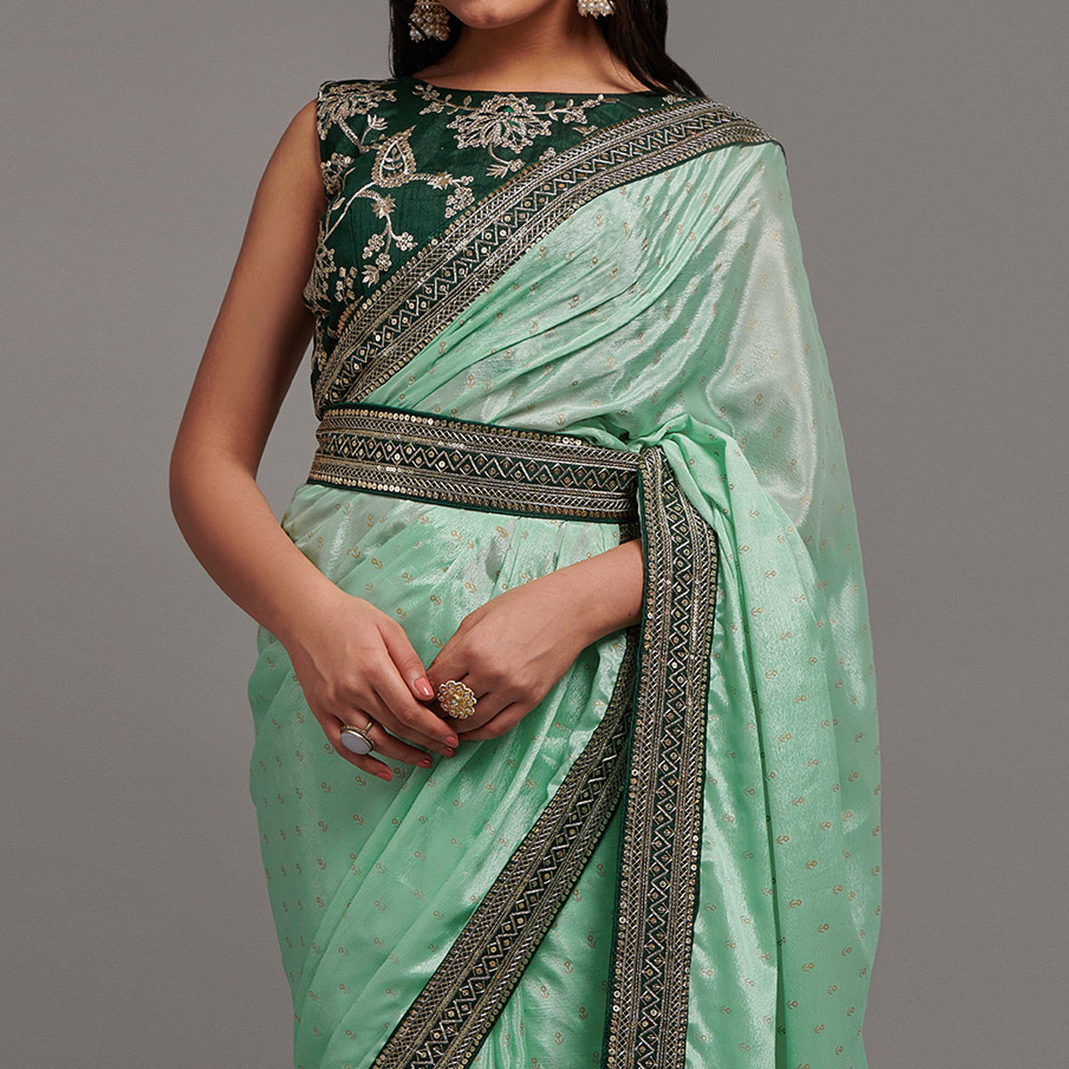 Green Foil Printed With Embroidered Border Chinon Saree