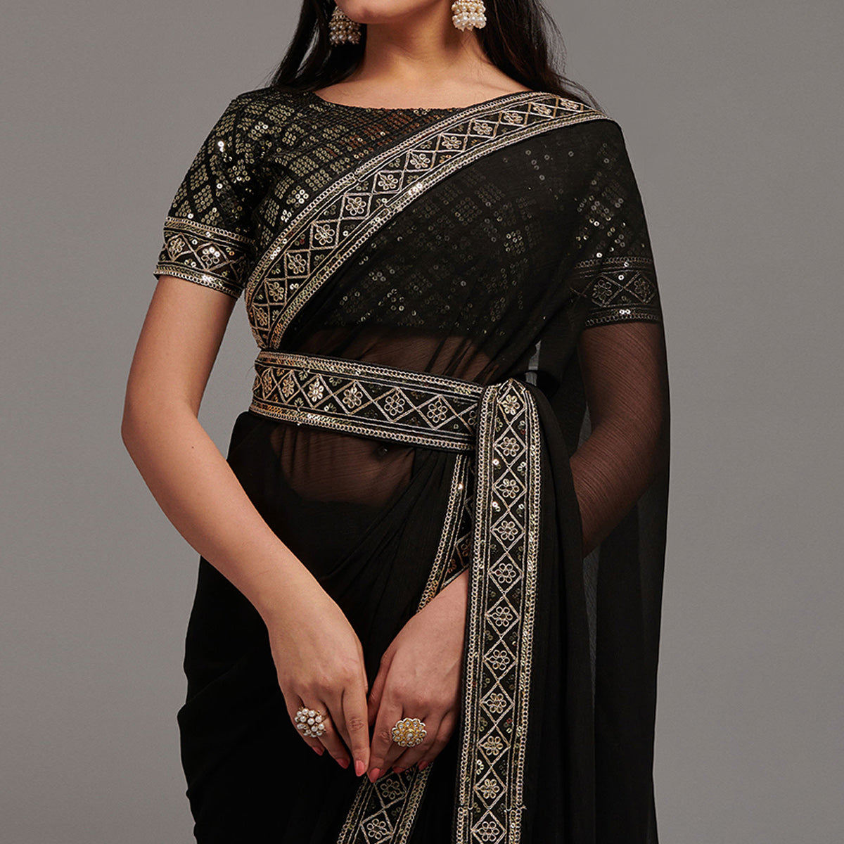 Black Sequins Embroidered Border Chinon Saree