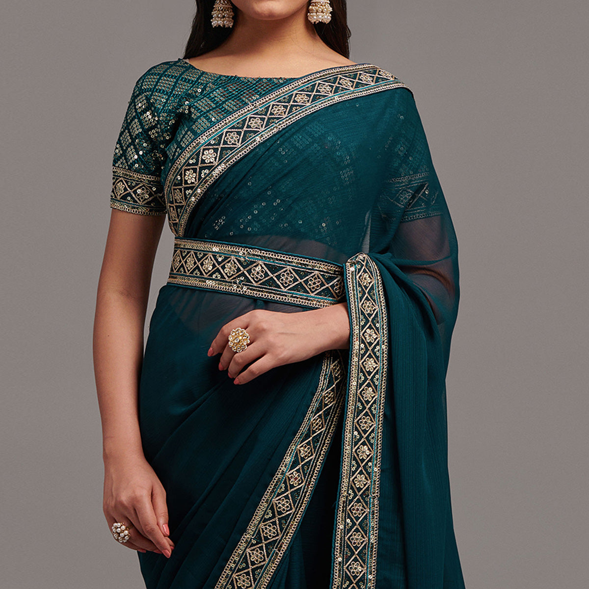 Morpich Sequins Embroidered Border Chinon Saree