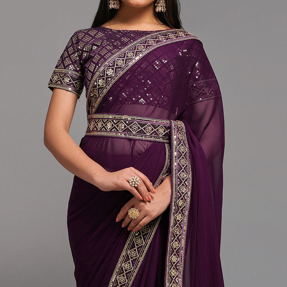 Wine Sequins Embroidered Border Chinon Saree