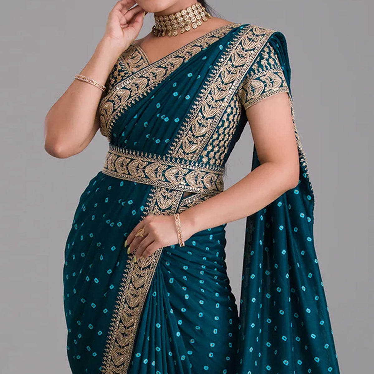 Blue Printed With Embroidered Vichitra Silk Saree