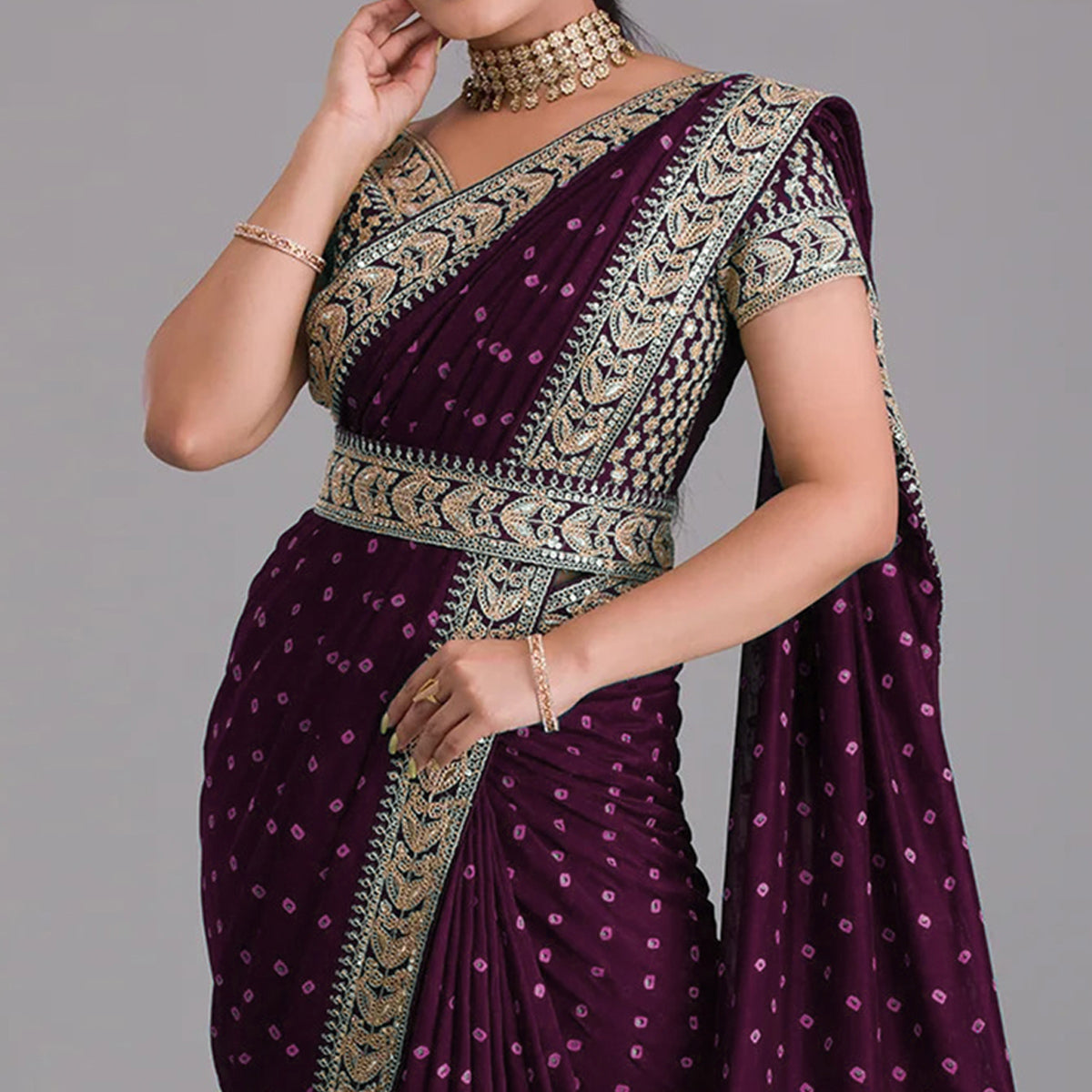 Wine Printed With Embroidered Vichitra Silk Saree