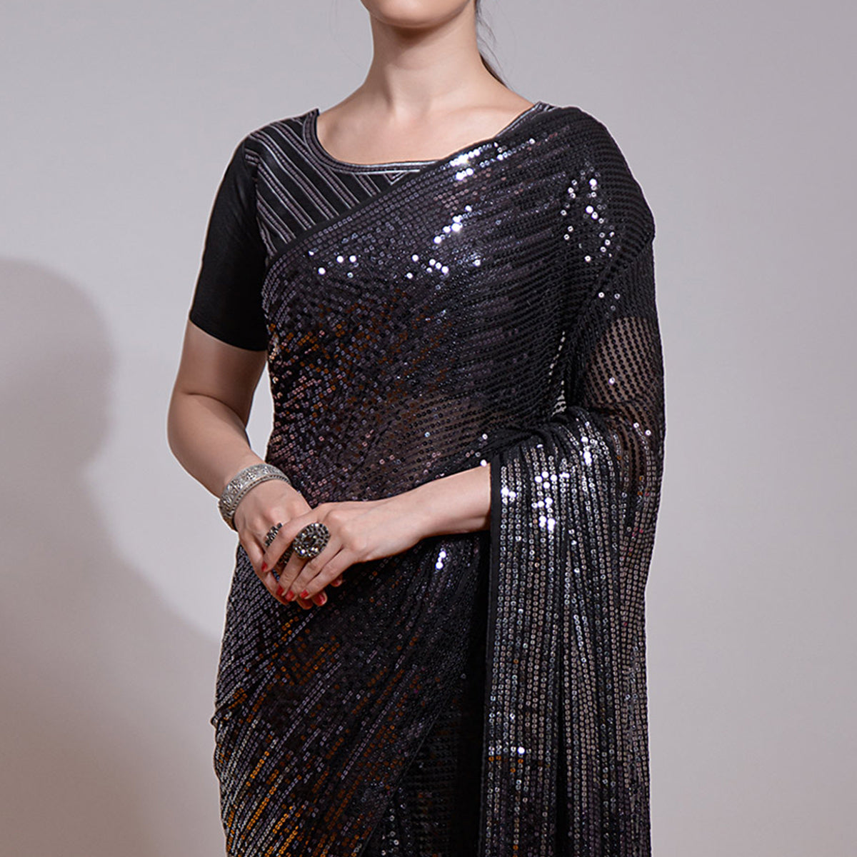 Black Sequins Embroidered Georgette Saree