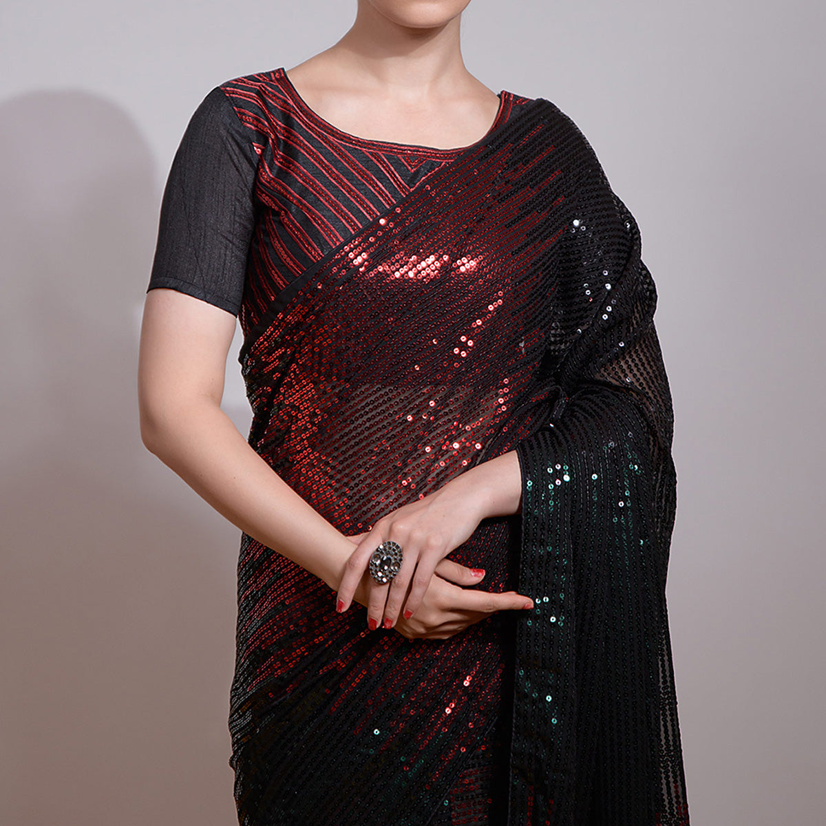 Black & Red Sequins Embroidered Georgette Saree