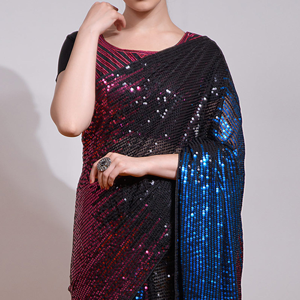 Black & Blue Sequins Embroidered Georgette Saree