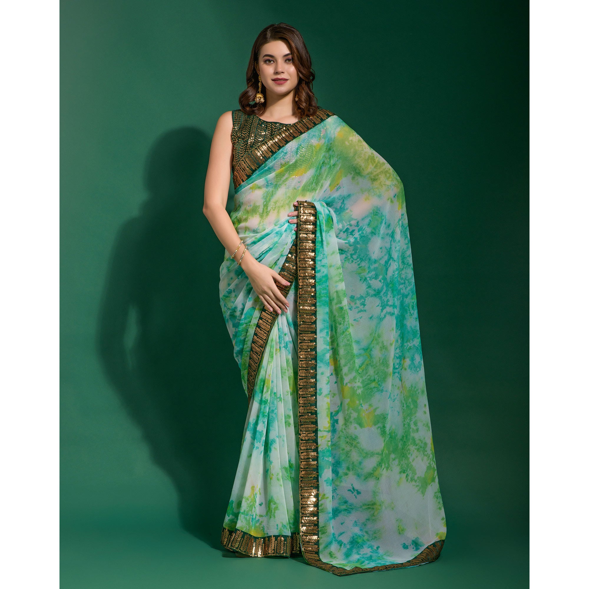 Green Printed With Sequins Border Chiffon Saree