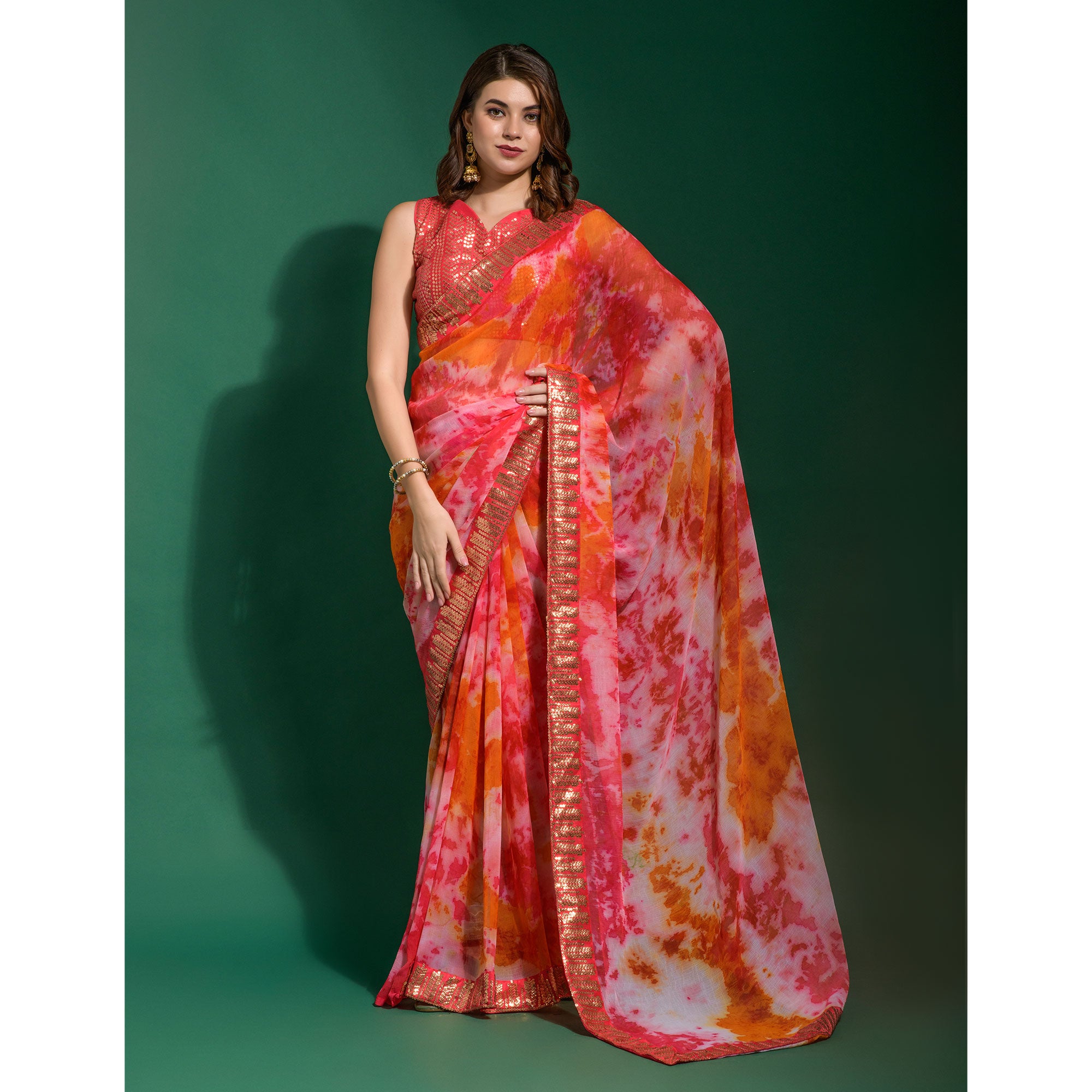 Red Printed With Sequins Border Chiffon Saree