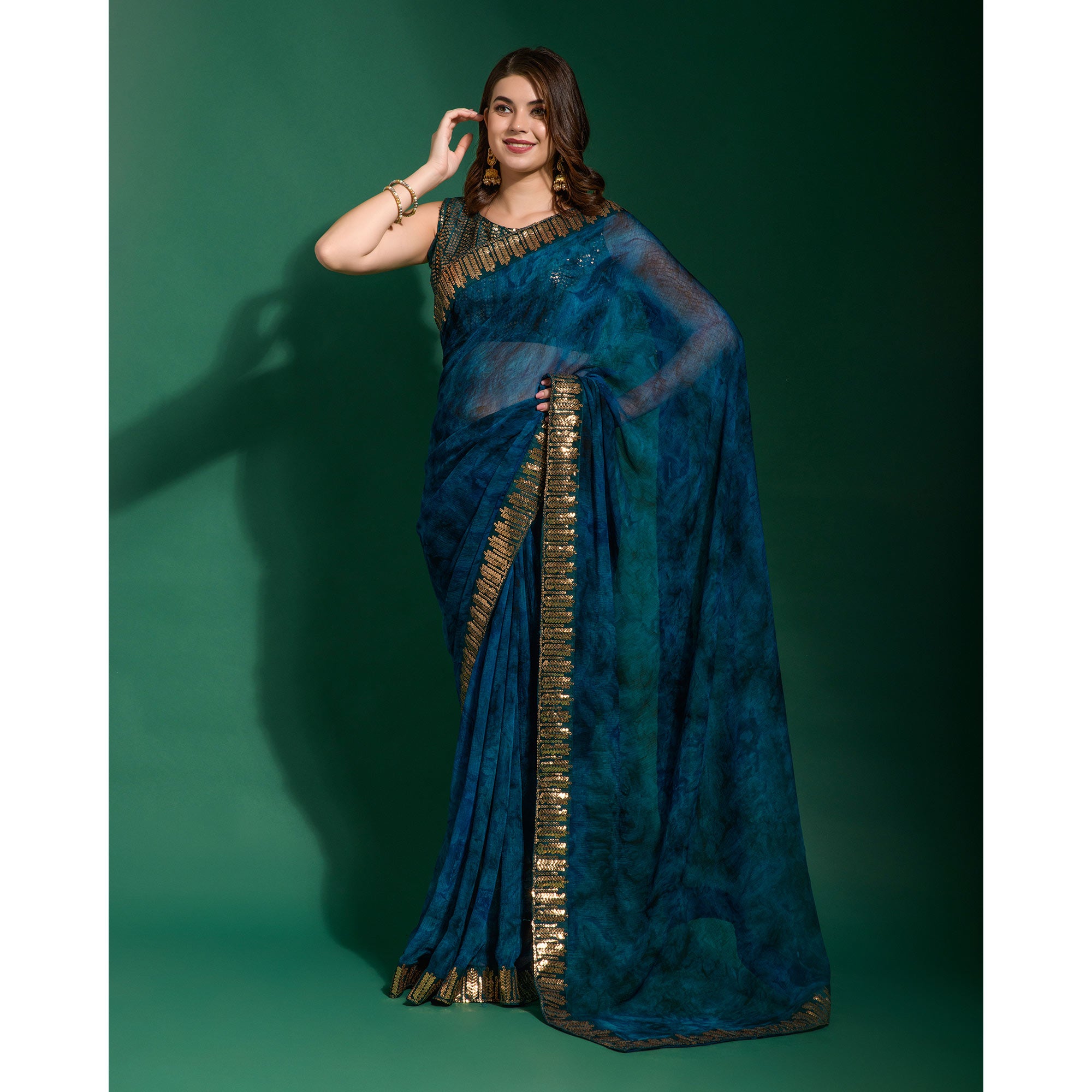 Navy Blue Printed With Sequins Border Chiffon Saree