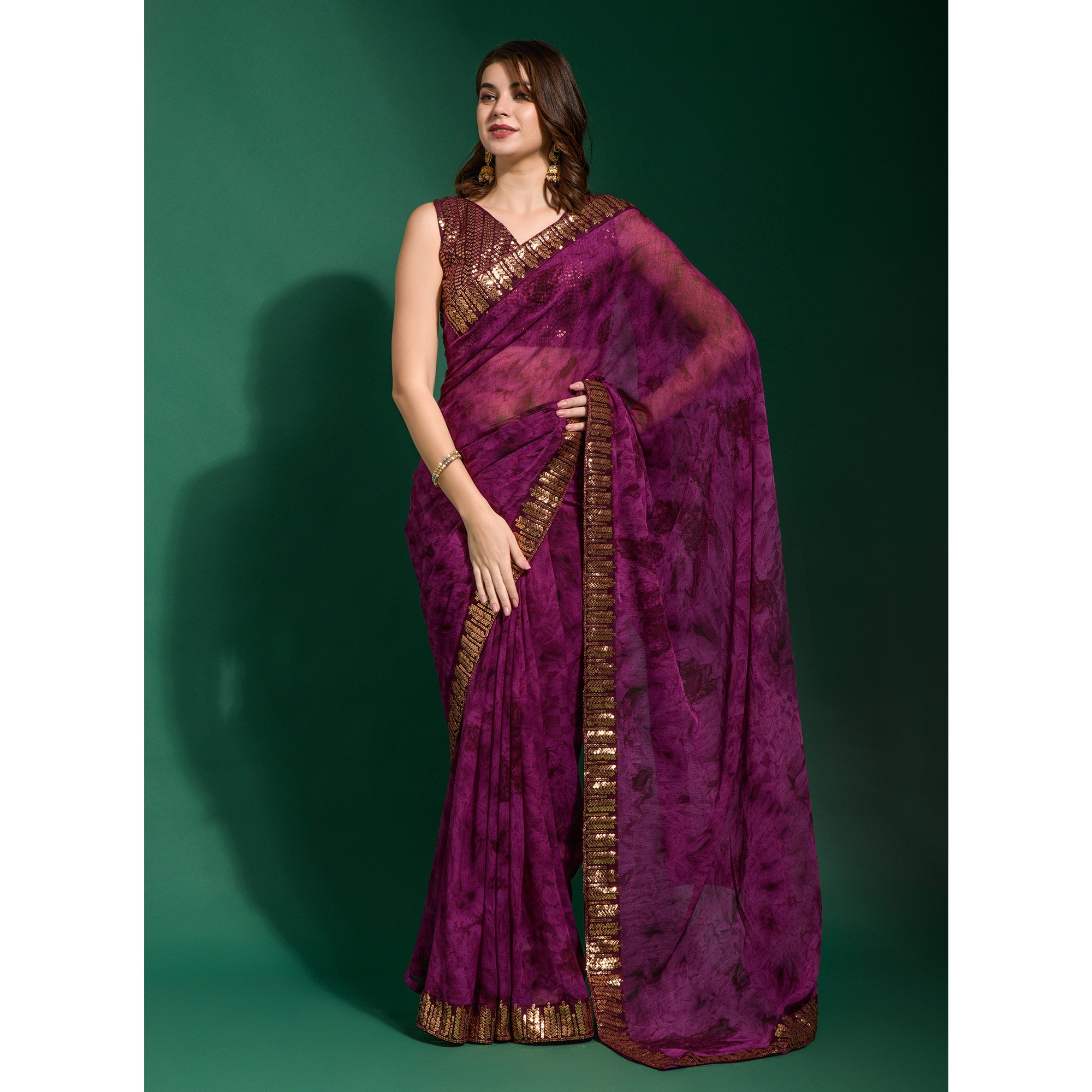 Wine Printed With Sequins Border Chiffon Saree