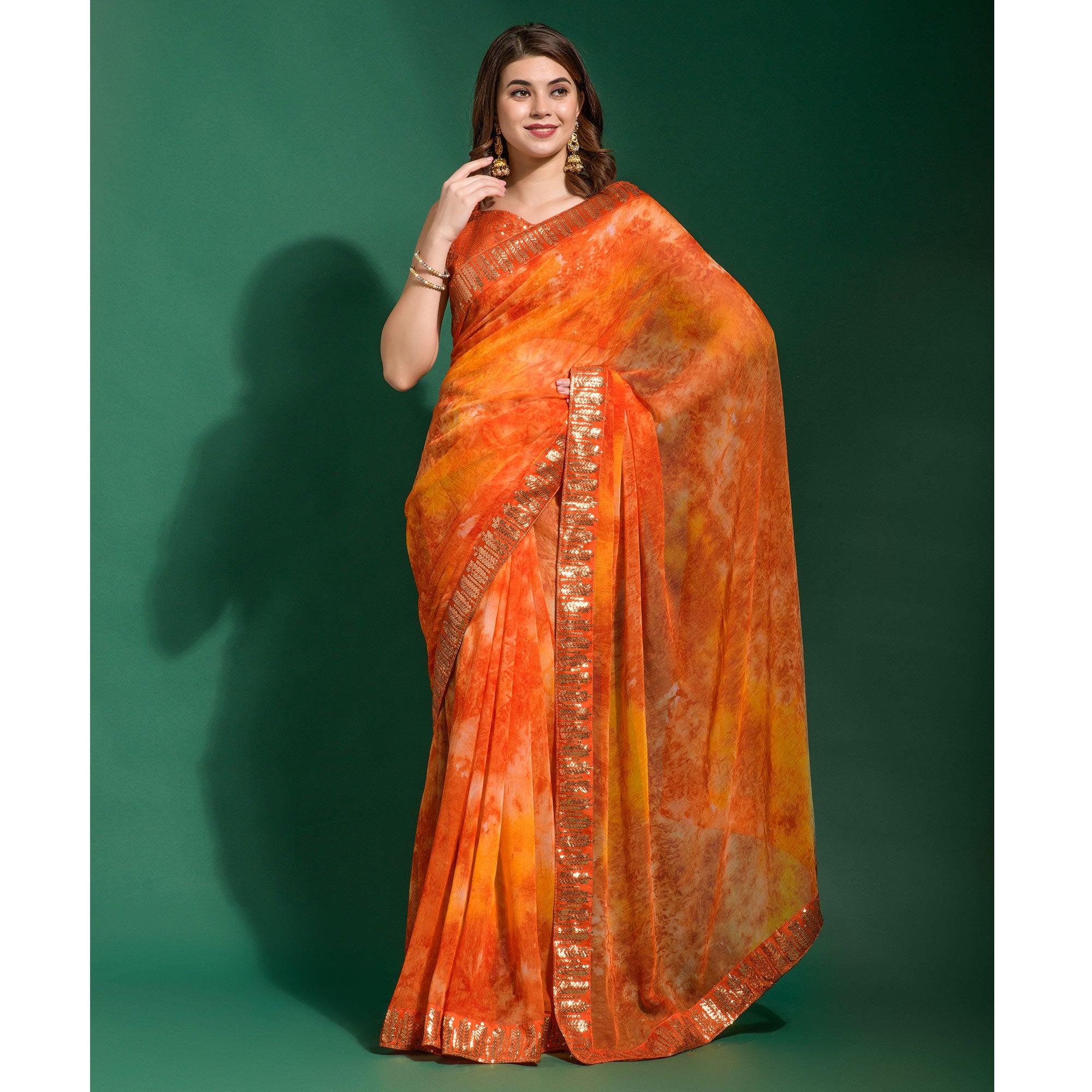 Orange Printed With Sequins Border Chiffon Saree