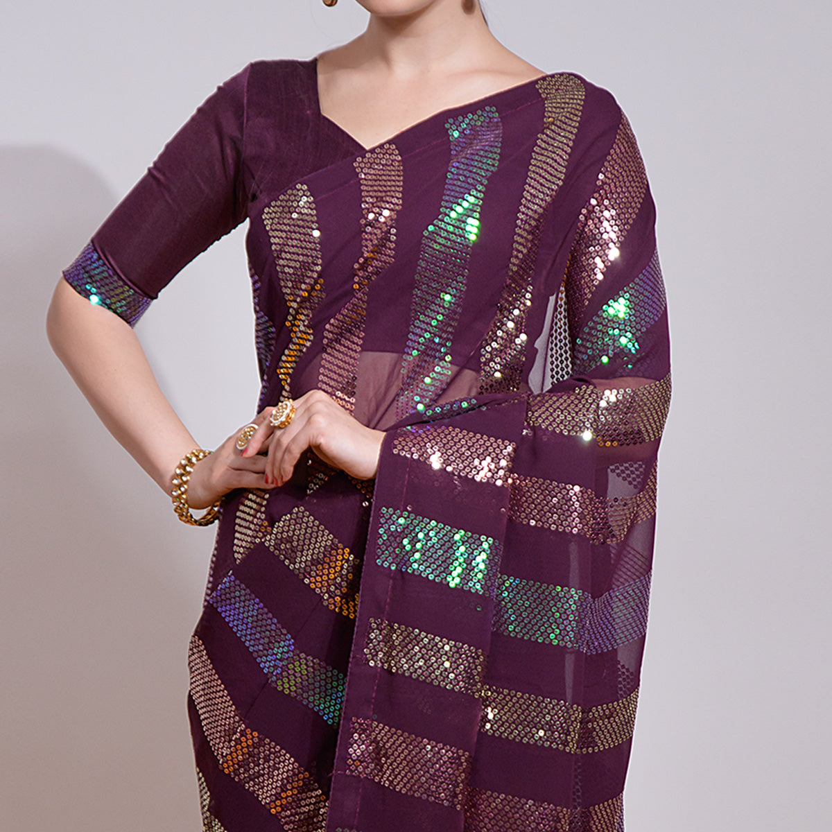 Wine Sequins Embroidered Georgette Saree