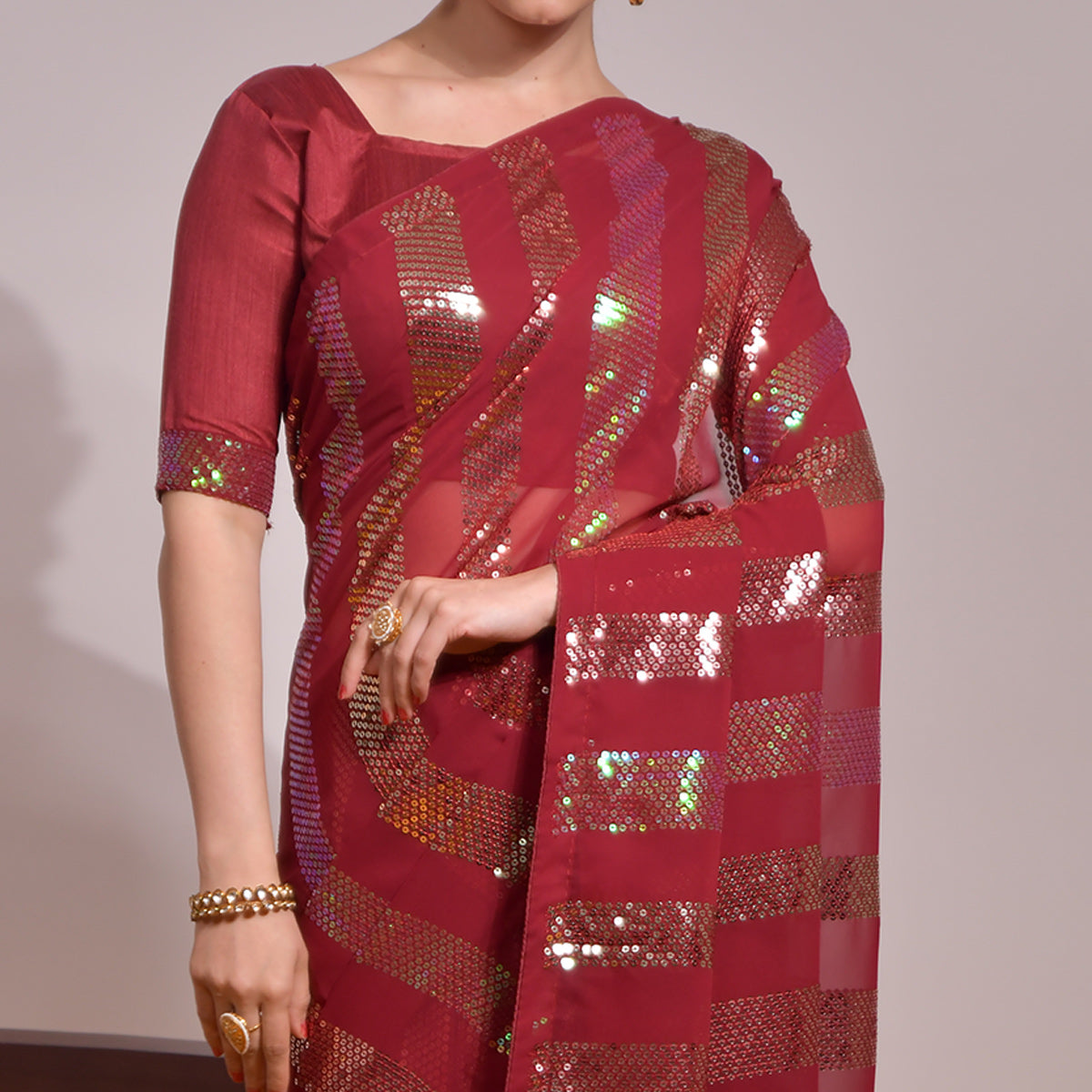 Maroon Sequins Embroidered Georgette Saree