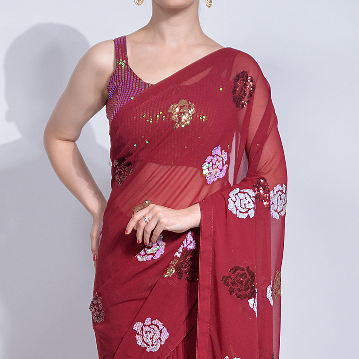 Maroon Sequins Embroidered Georgette Saree