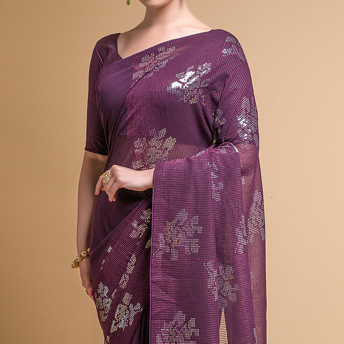 Wine Sequins Embroidered Georgette Saree