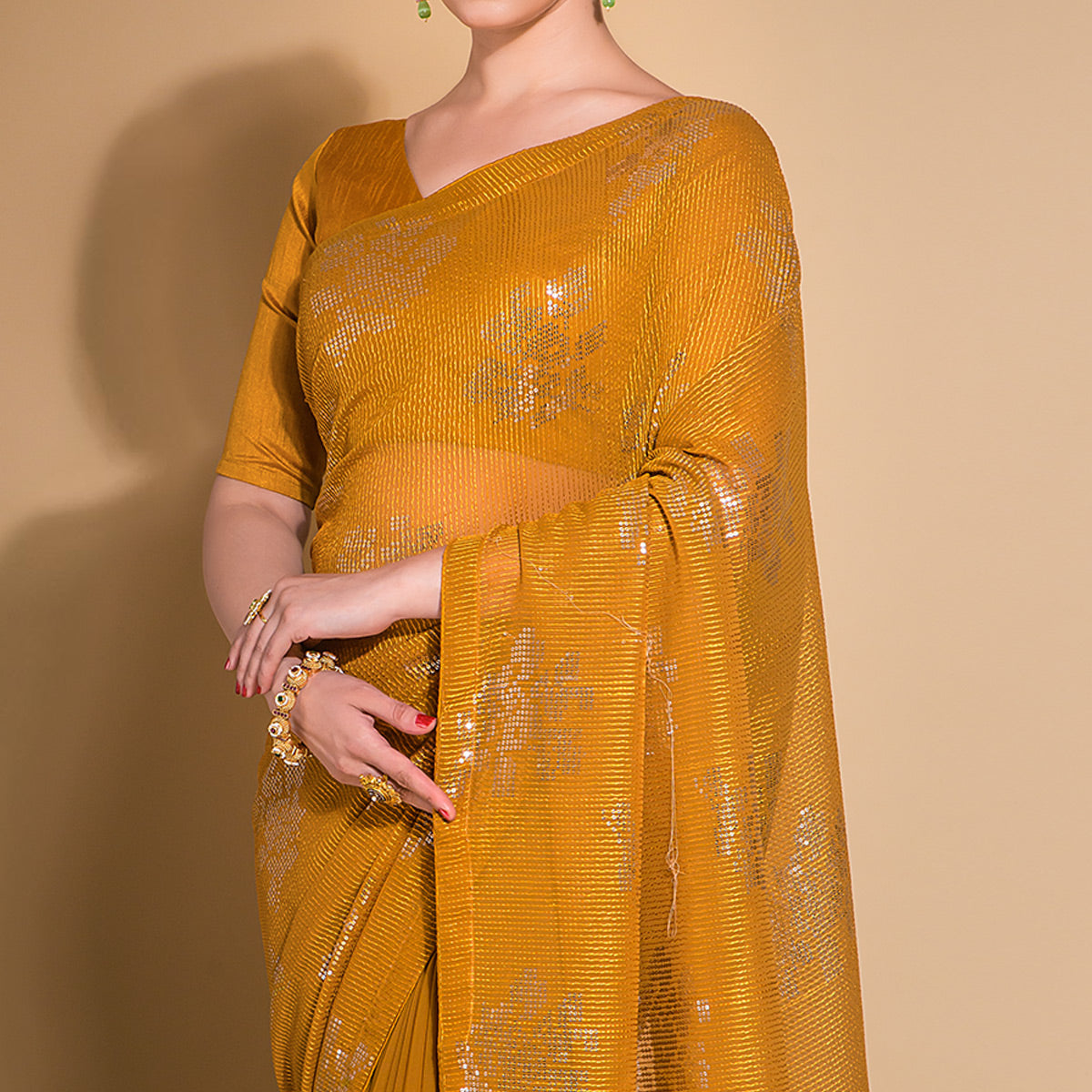 Mustard Sequins Embroidered Georgette Saree